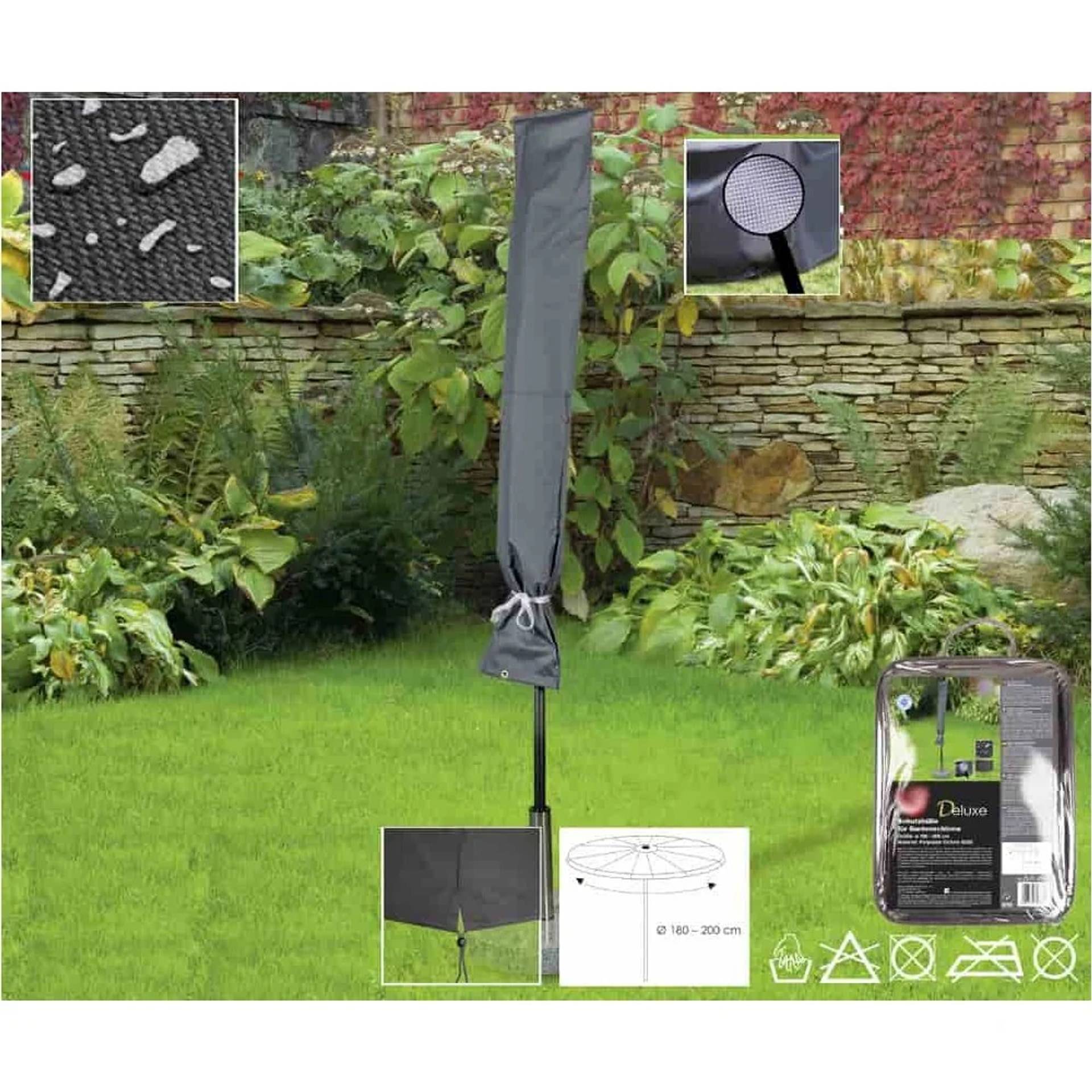 Überdachter Sonnenschirm für Außenterrasse, aufrecht in einem Garten stehend, mit vergrößerten Nahaufnahmen des Stoffes, des Öffnungsmechanismus und der Abmessungen auf der Verpackung.