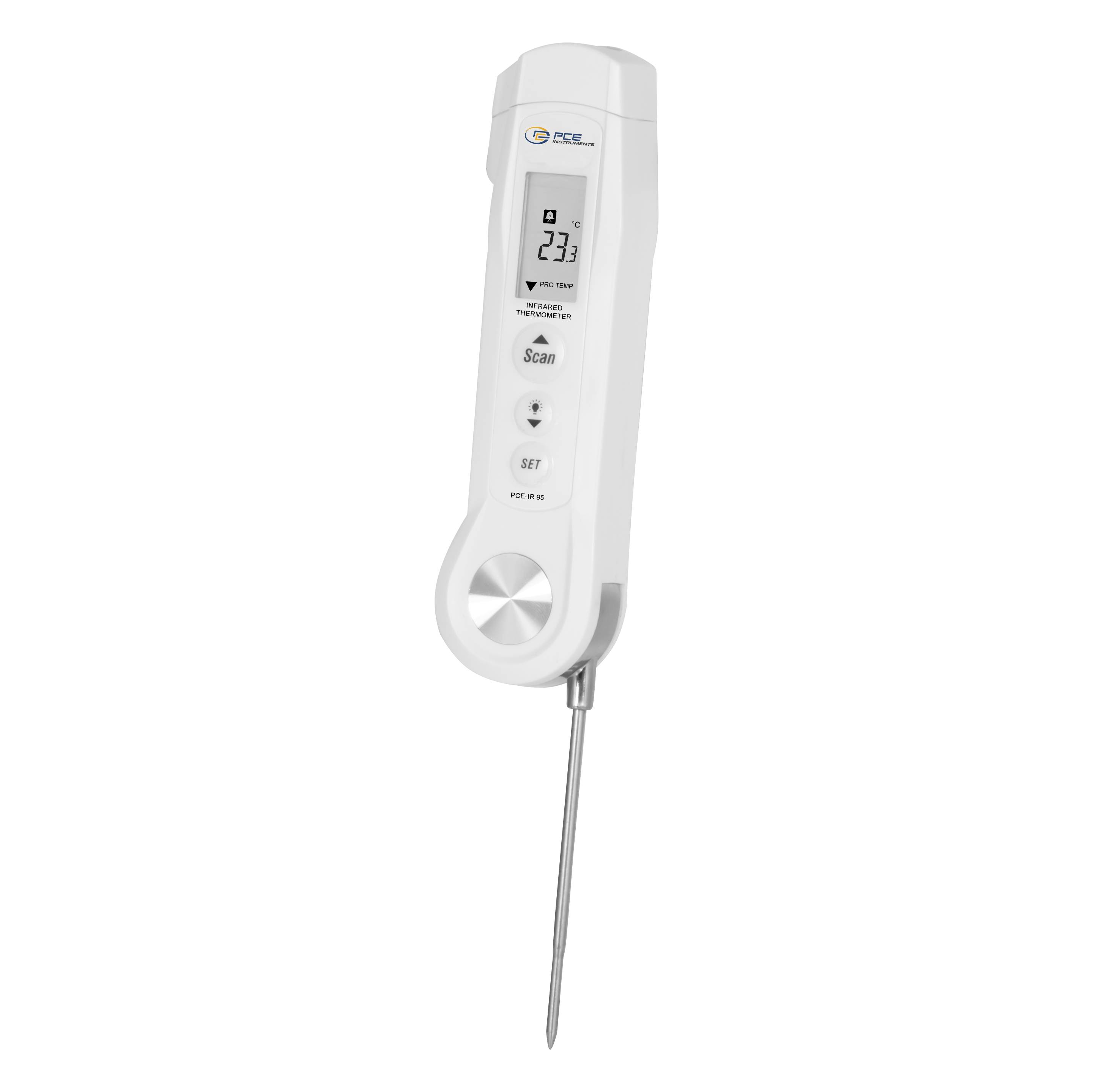Weißes digitales Fleischthermometer mit Edelstahlsonde und LCD-Display zeigt 233°F an.