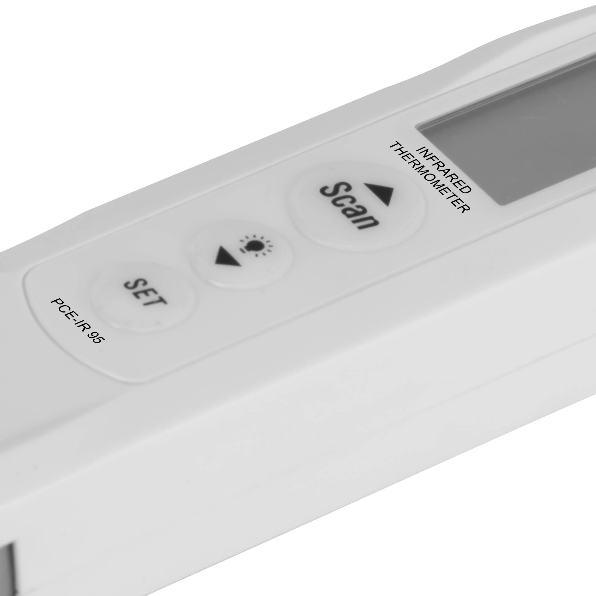 Weißes Infrarot-Thermometer mit Tasten mit der Bezeichnung „SET" und „Scan"" sowie einem kleinen Display-Bildschirm.