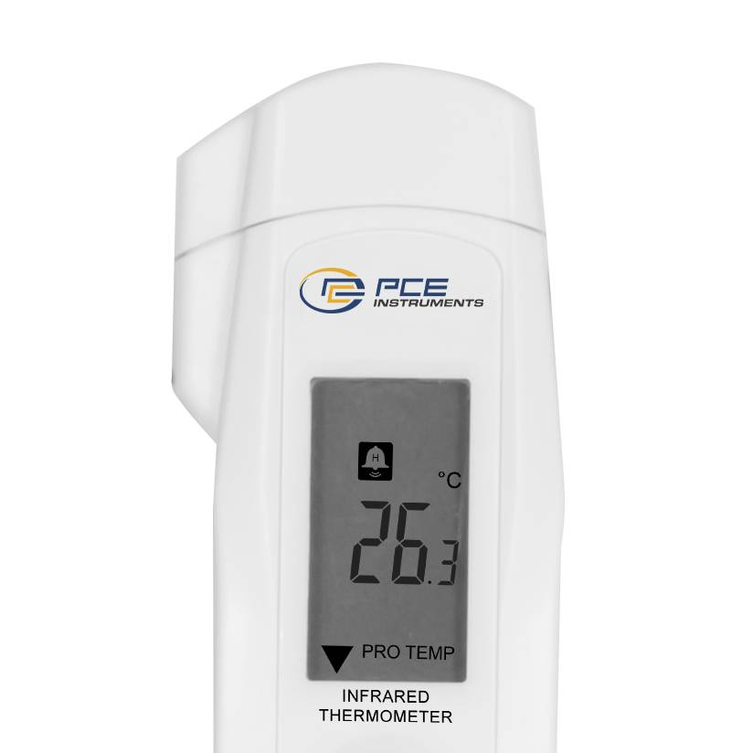 Weißes PCE-Instruments-Infrarot-Thermometer, das 26,3°C auf seinem digitalen Display anzeigt.