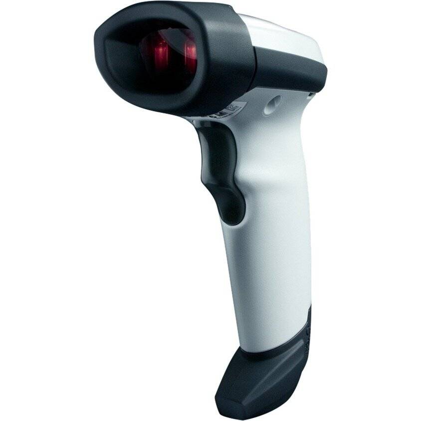 Tragbarer Barcode-Scanner mit rotem Laserfenster und Abzugsgriff auf weißem Hintergrund.
