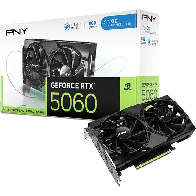 PNY GeForce RTX 5060 Grafikkarte mit ihrer Einzelhandelsverpackung, gekennzeichnet mit 8GB GDDR7, OC Overclocked und Stealth Mode.