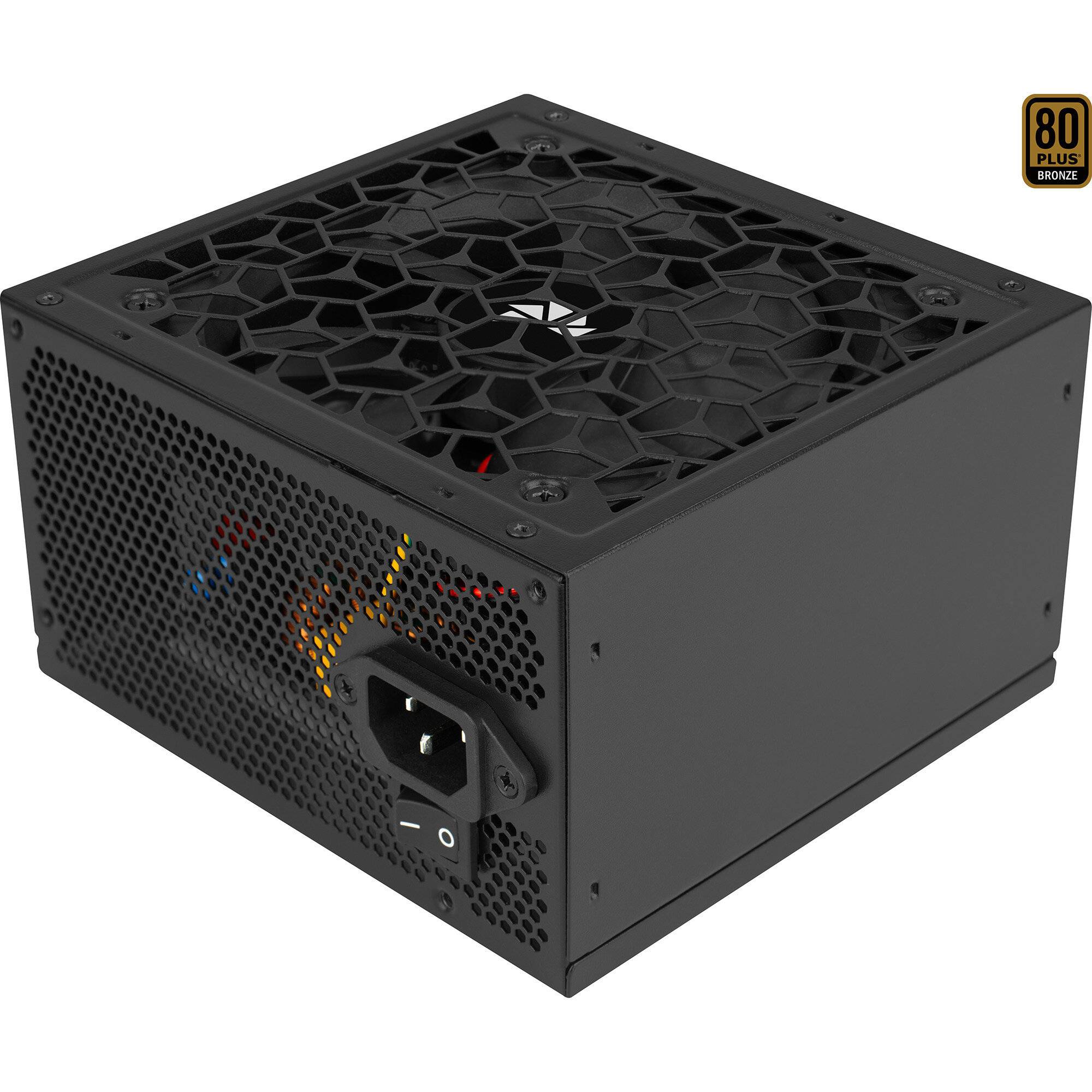 Schwarzes PC-Netzteil mit Lüftergitter aus Maschengewebe, Stromeingang und 80 Plus Bronze-Logo