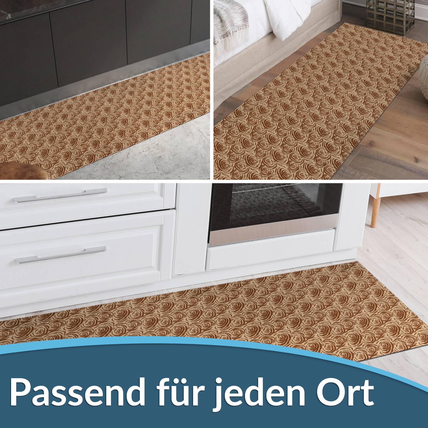 Collage eines braun gemusterten Läufers, der in verschiedenen Räumen verwendet wird, mit dem deutschen Text „Passend für jeden Ort" darunter, was „Geeignet für jeden Ort"" bedeutet.