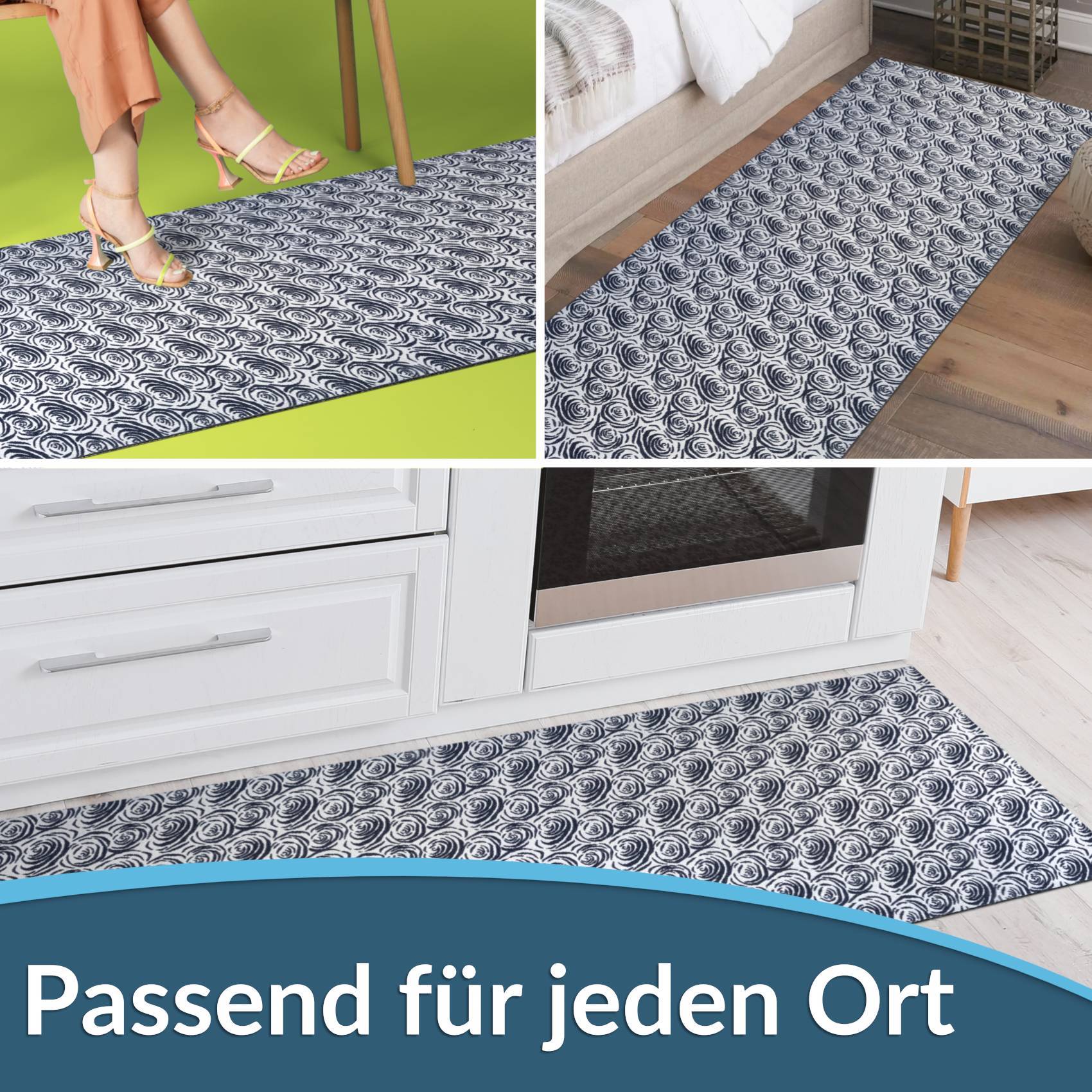 Collage, die einen gemusterten Läuferteppich in verschiedenen Räumen zeigt, mit deutschem Text „Passend für jeden Ort", was „Passend für jeden Ort"" bedeutet.
