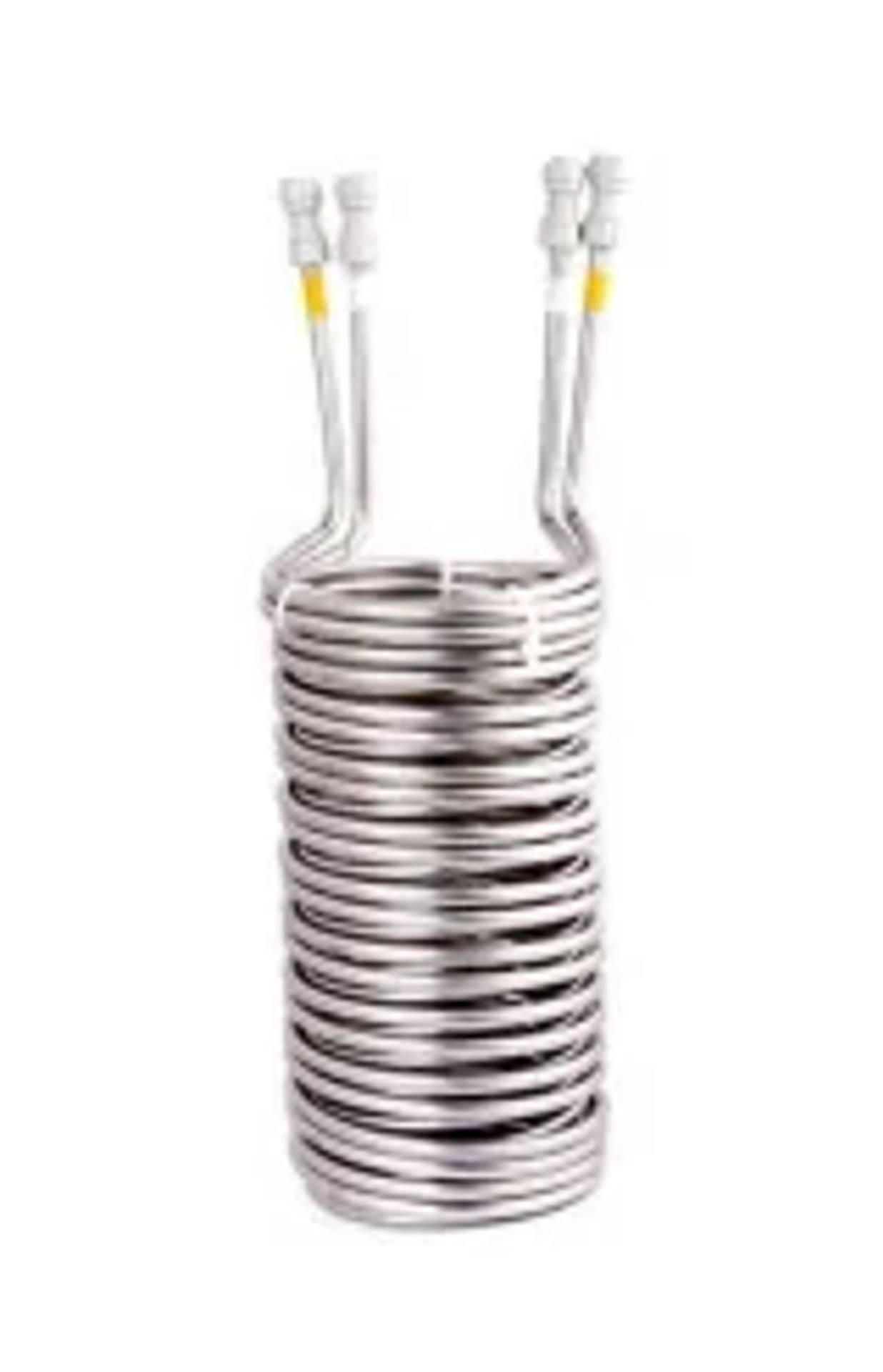 Ein aufgewickeltes Metall-Heizelement mit zwei isolierten elektrischen Leitungen, die von oben herausragen.