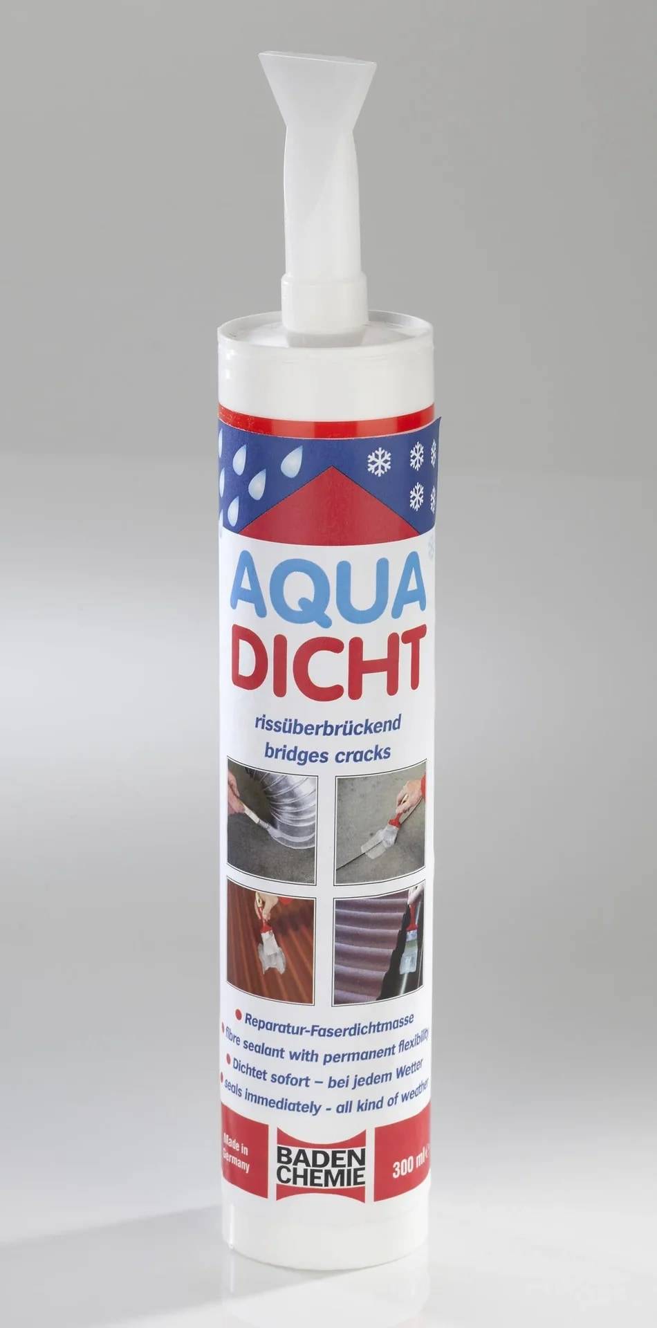 Tube mit AQUA DICHT Dichtstoff mit Aufschrift "überbrückt Risse"" von Baden Chemie, aufrecht auf einfachem Hintergrund dargestellt.