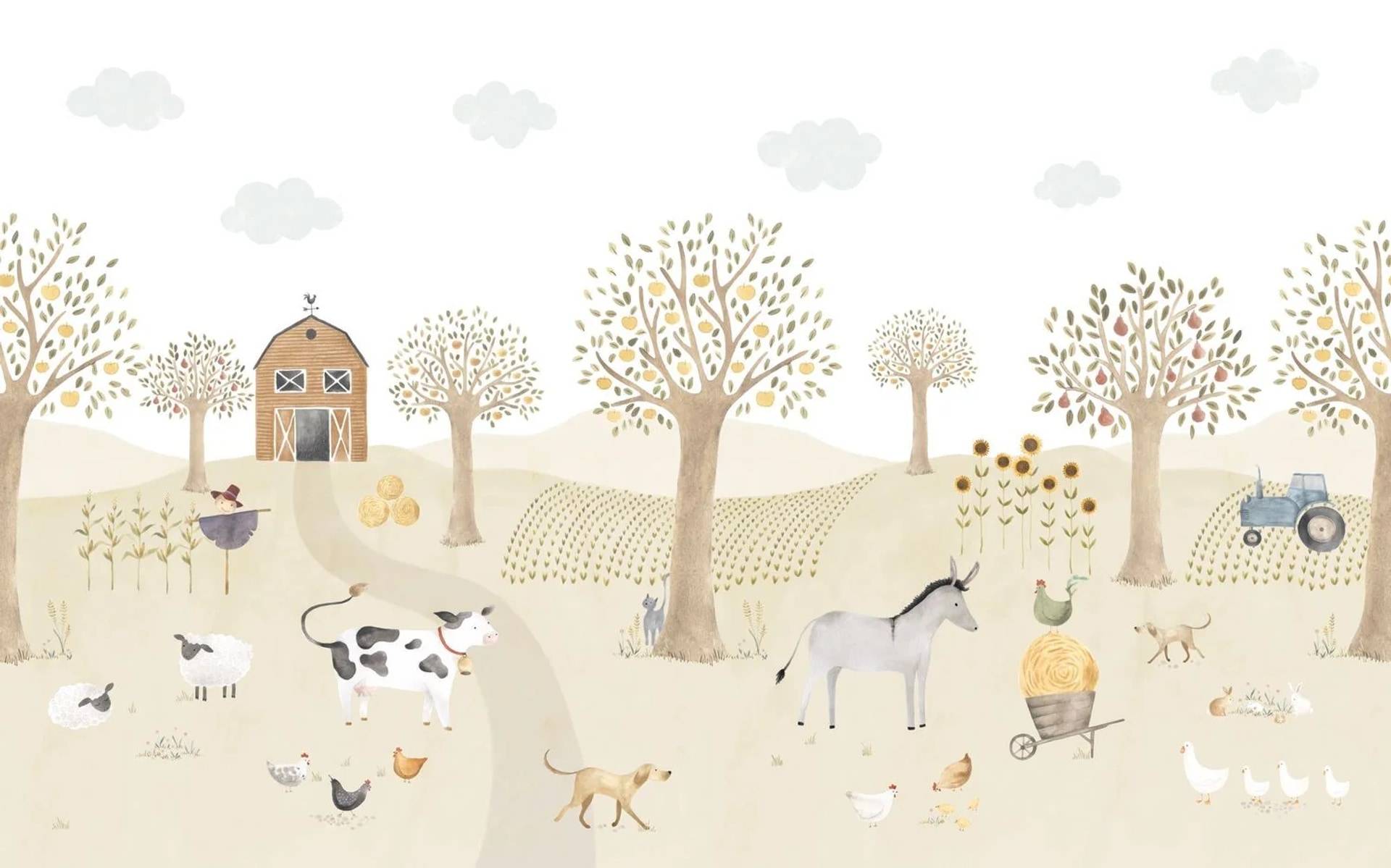 Illustration einer friedlichen Bauernhoflandschaft mit Bäumen, Scheune, Traktor und Tieren einschließlich Kühe, Schafe, Ziegen, Hühner, Esel und Katze.