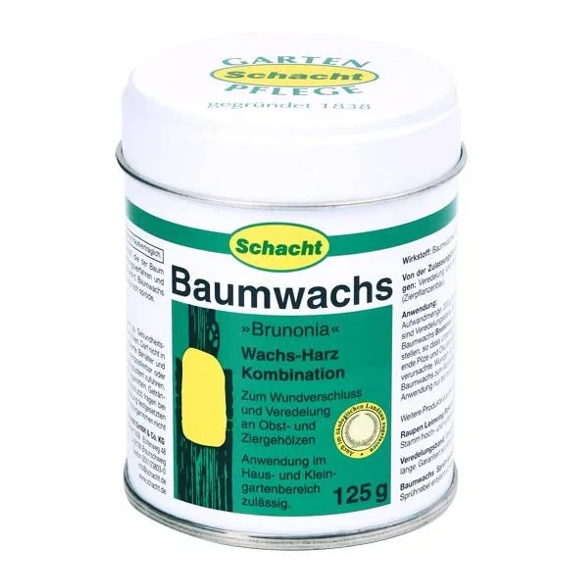 Dose Schacht 'Baumwachs' Wundverschlussmittel, 125 g, mit deutschem Etikett und weißem Deckel.