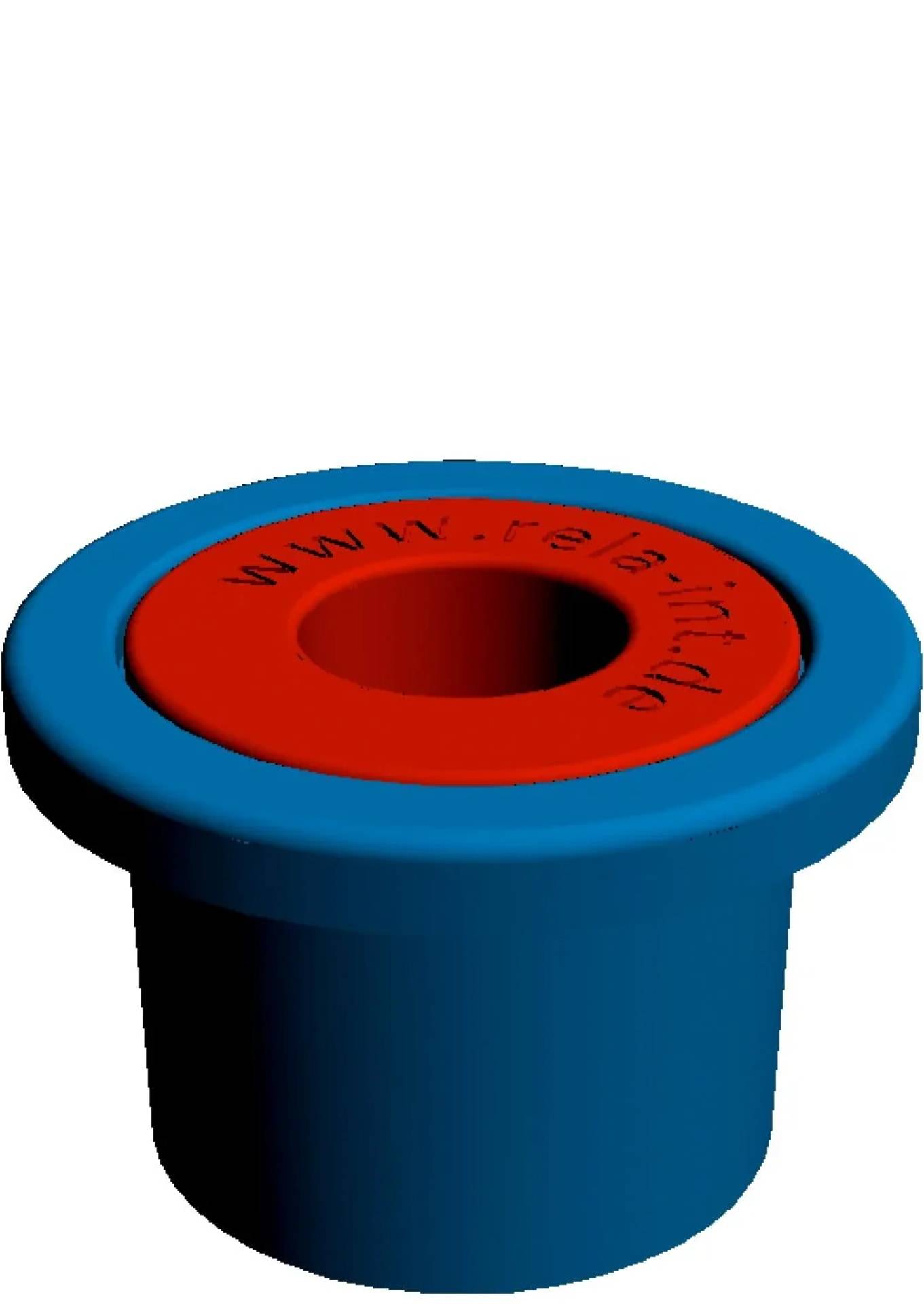 Blaue Kunststoffflanschdichtung mit rotem Obering und zentralem Loch, in 3D auf weißem Hintergrund dargestellt.