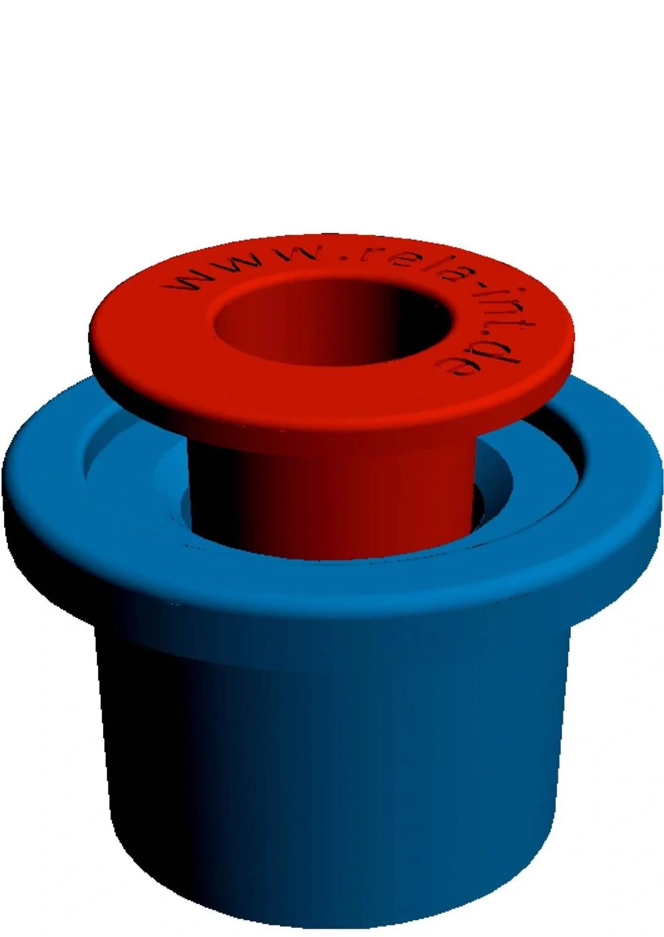 3D-Darstellung einer rot-blauen Kunststoffeinsatzbuchse oder eines Stopfens, aufrecht auf weißem Hintergrund dargestellt, mit gekrümmtem Text um den oberen Rand.