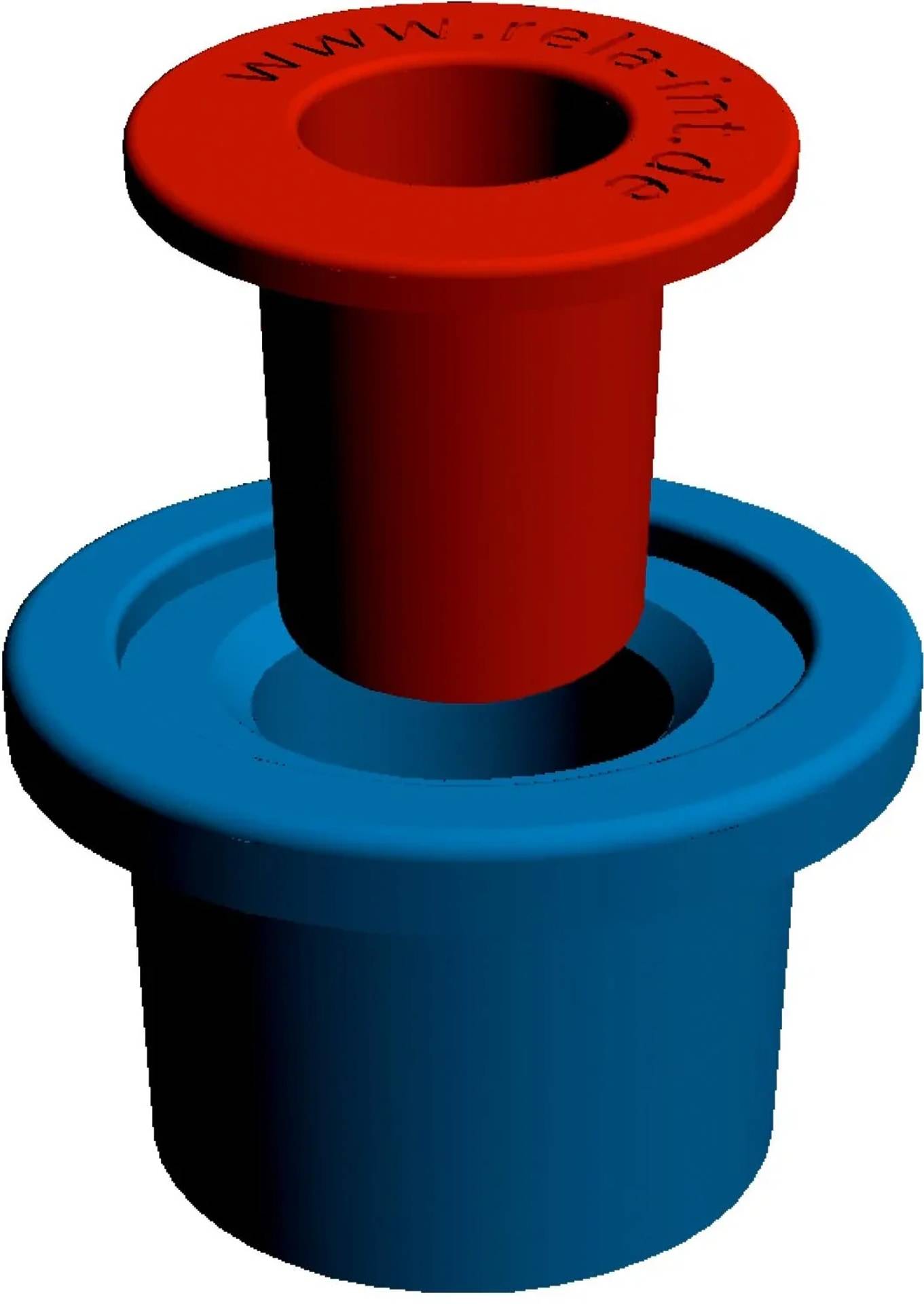 Roter Druckknopf, der in einen blauen zylindrischen Sockel eingesetzt ist, isoliert auf weißem Hintergrund.