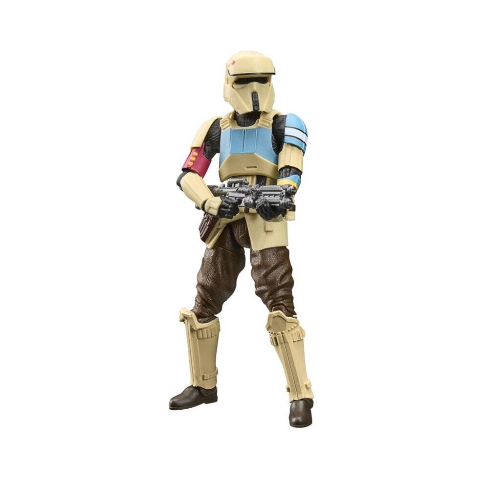Gepanzerter Science-Fiction-Soldat-Actionfigur, stehend und ein Blaster haltend, mit beiger, blauer und brauner Rüstung auf weißem Hintergrund.