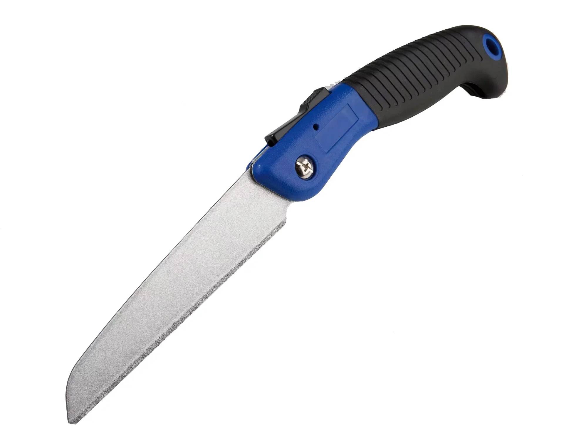 Blau-schwarze Klappsäge mit langer silberner Klinge, abgebildet vor schlicht weißem Hintergrund.