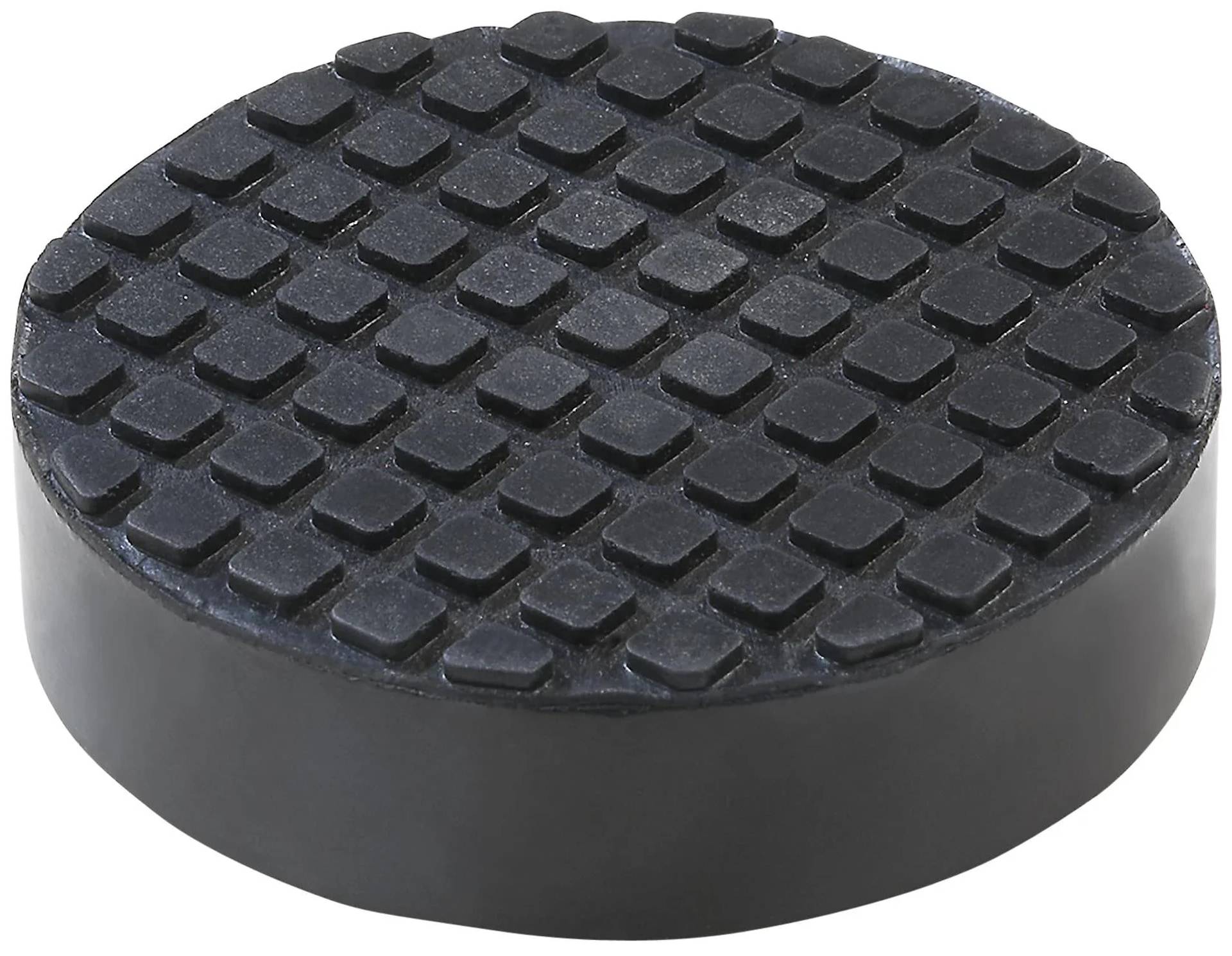 Schwarze runde Gummifußmatte mit strukturierter Gitteroberfläche und flachen Seiten, verwendet als rutschsicheres Kissen oder Schutzunterlage.