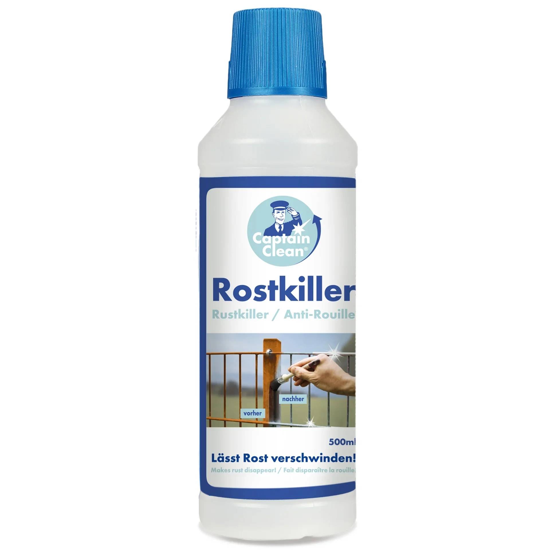 Flasche Captain Clean 'Rostkiller' Rostentferner, 500 ml, mit blauem Deckel und Etikett, das die Rostbehandlung an einem Metallzaun zeigt.