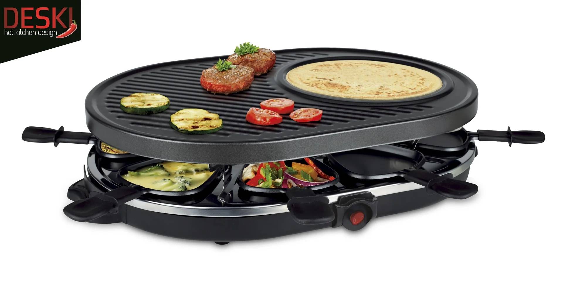 Elektrischer Feuertopf mit großer oberer Grillplatte und unteren Wärmepfannen, zum Kochen von Fleisch, Gemüse und Fladenbrot auf einem schwarzen Tischgerät.