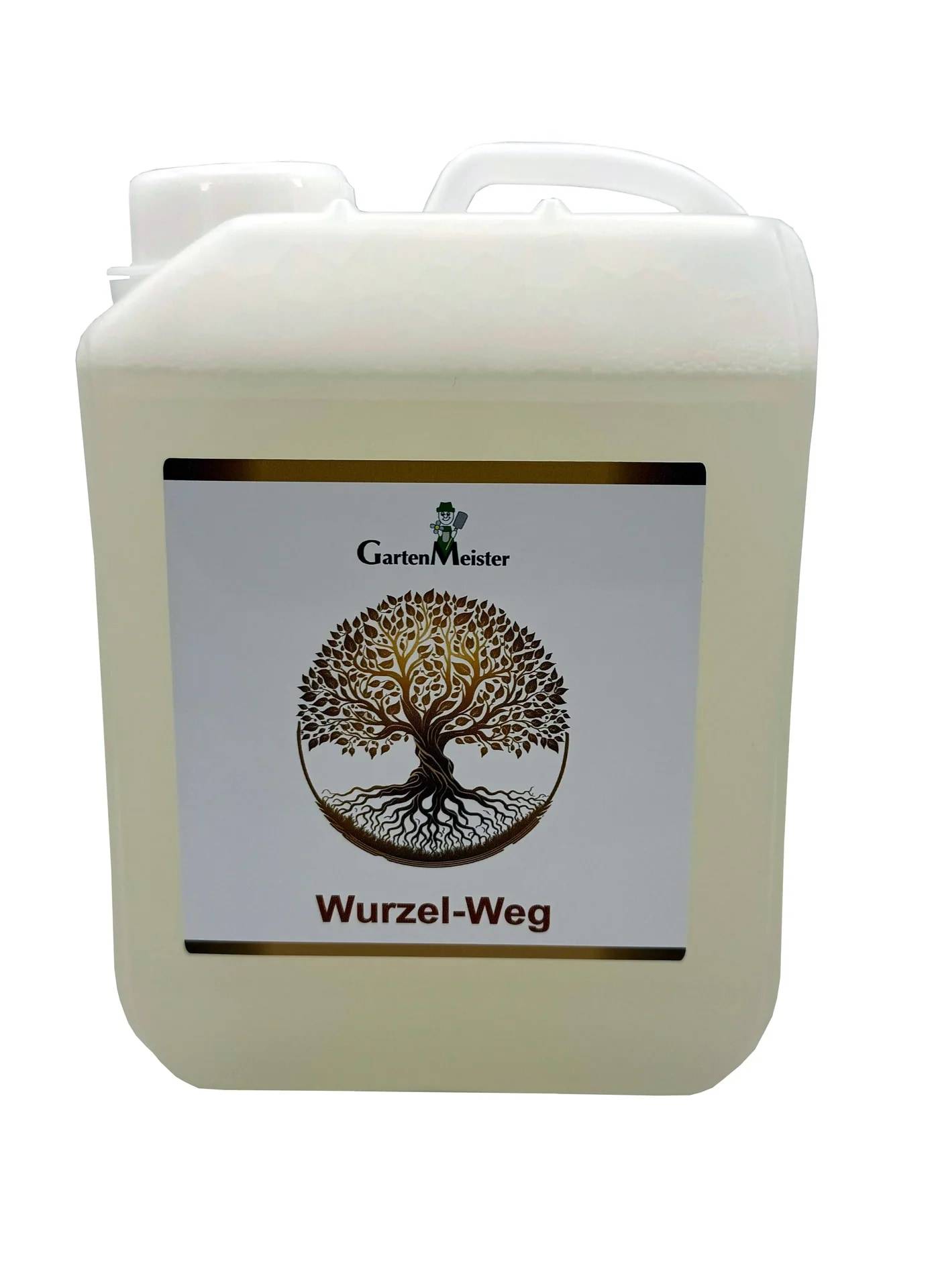 Ein weißer Kunststoffkanister mit dem Etikett „GartenMeister Wurzel-Weg