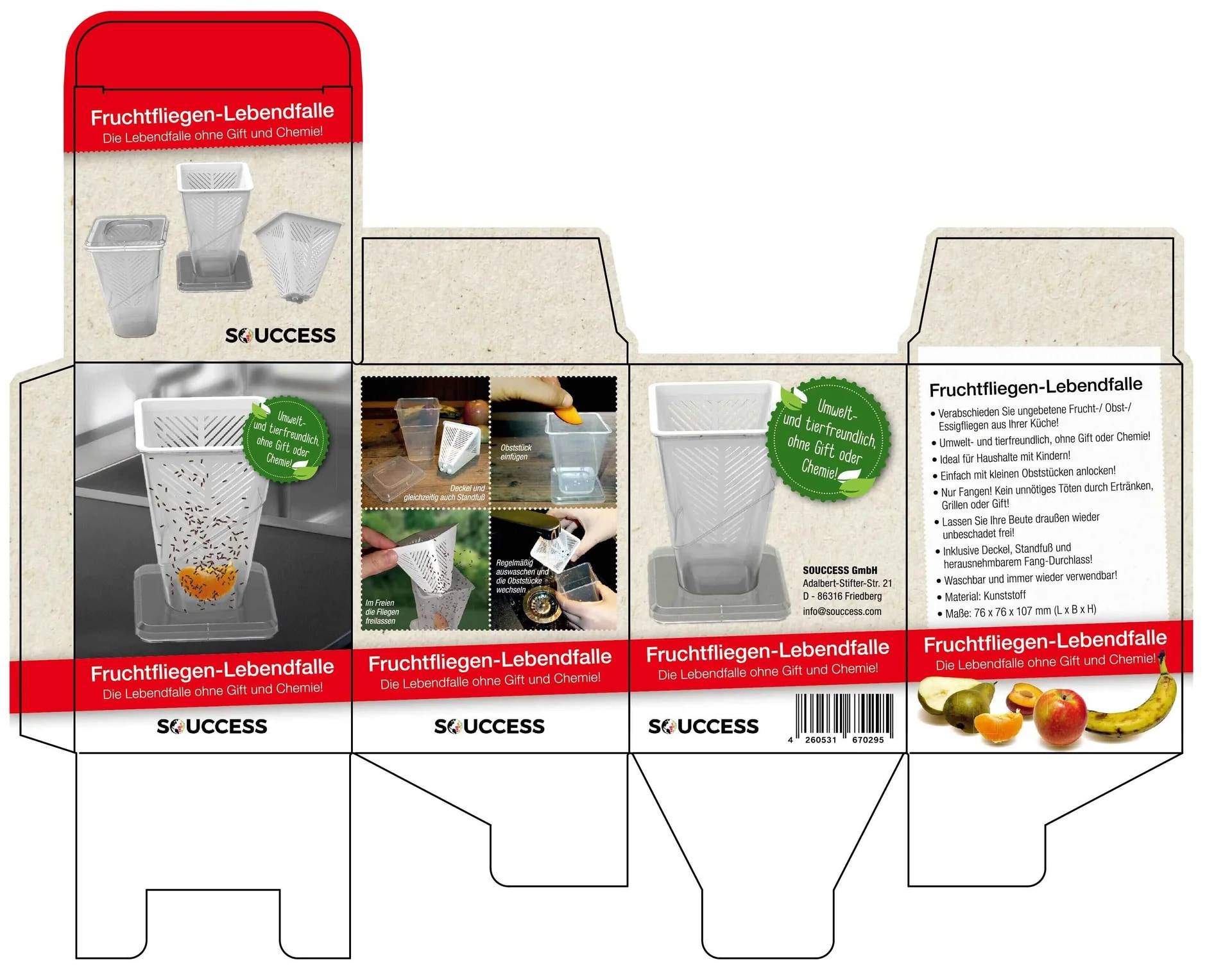 Verpackungsdesign für „Fruchtfliegen-Lebendfalle" (Fruchtfliegenfalle für lebende Insekten), das das Produktkartonlayout mit Fallenbildern, Anweisungen und Fruchtillustrationen zeigt.