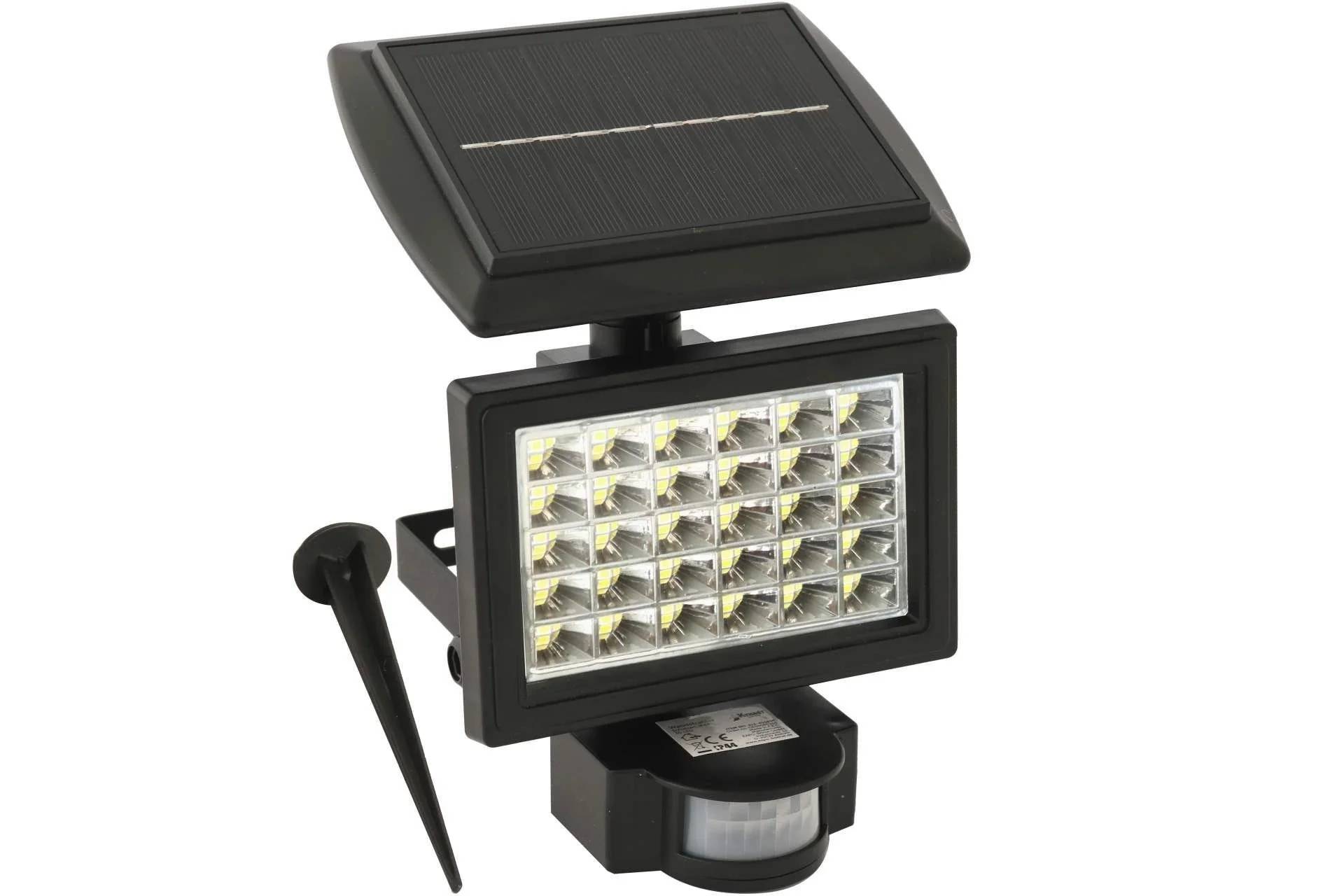 Schwarze solarbetriebene Bewegungsmelder-Sicherheitsleuchte mit verstellbarem Solarpanel und LED-Flutlicht.