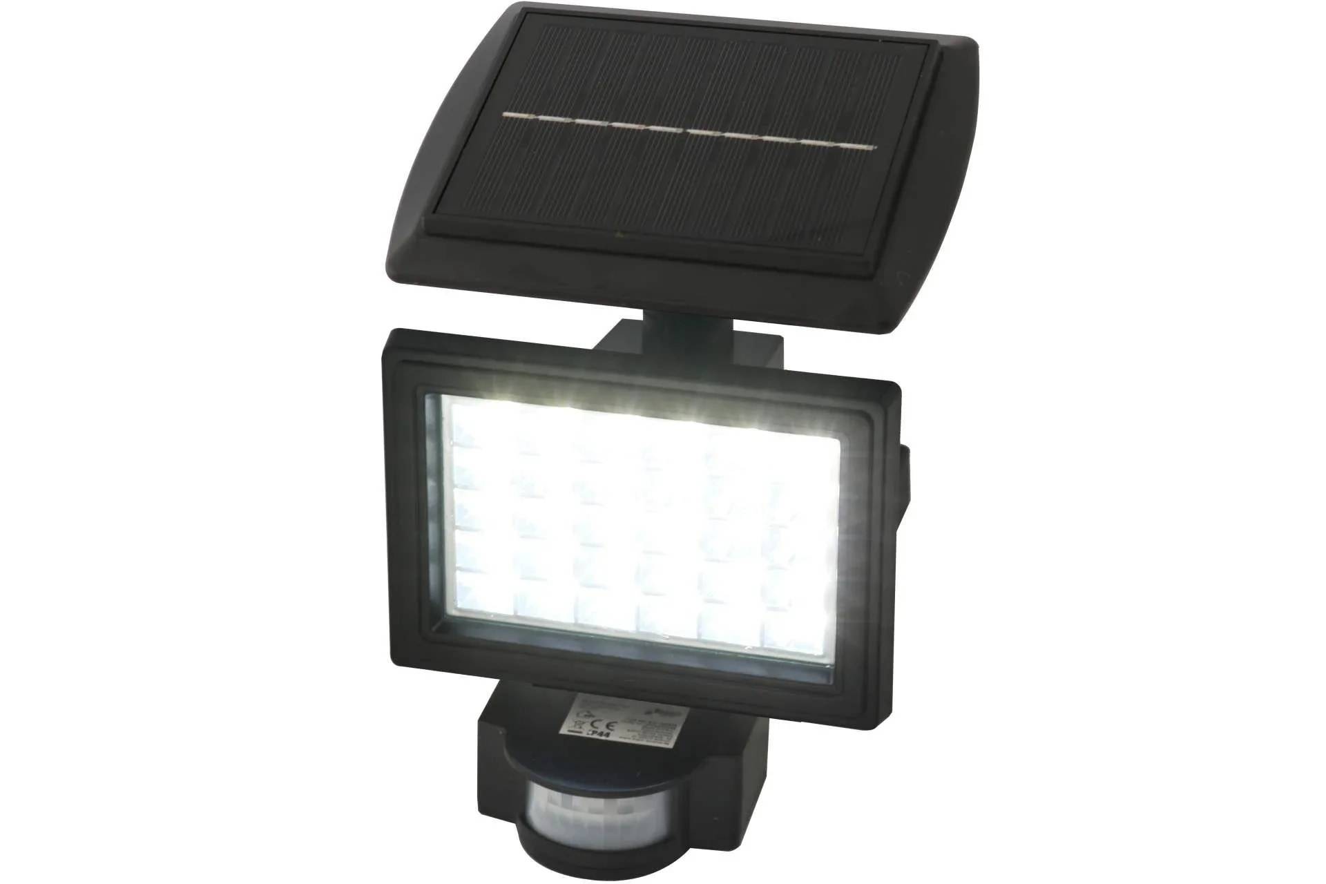 Solar-betriebenes Außensicherheitslicht mit oben montiertem Solarpanel, hellem LED-Leuchtmittel und Bewegungsmelder darunter.