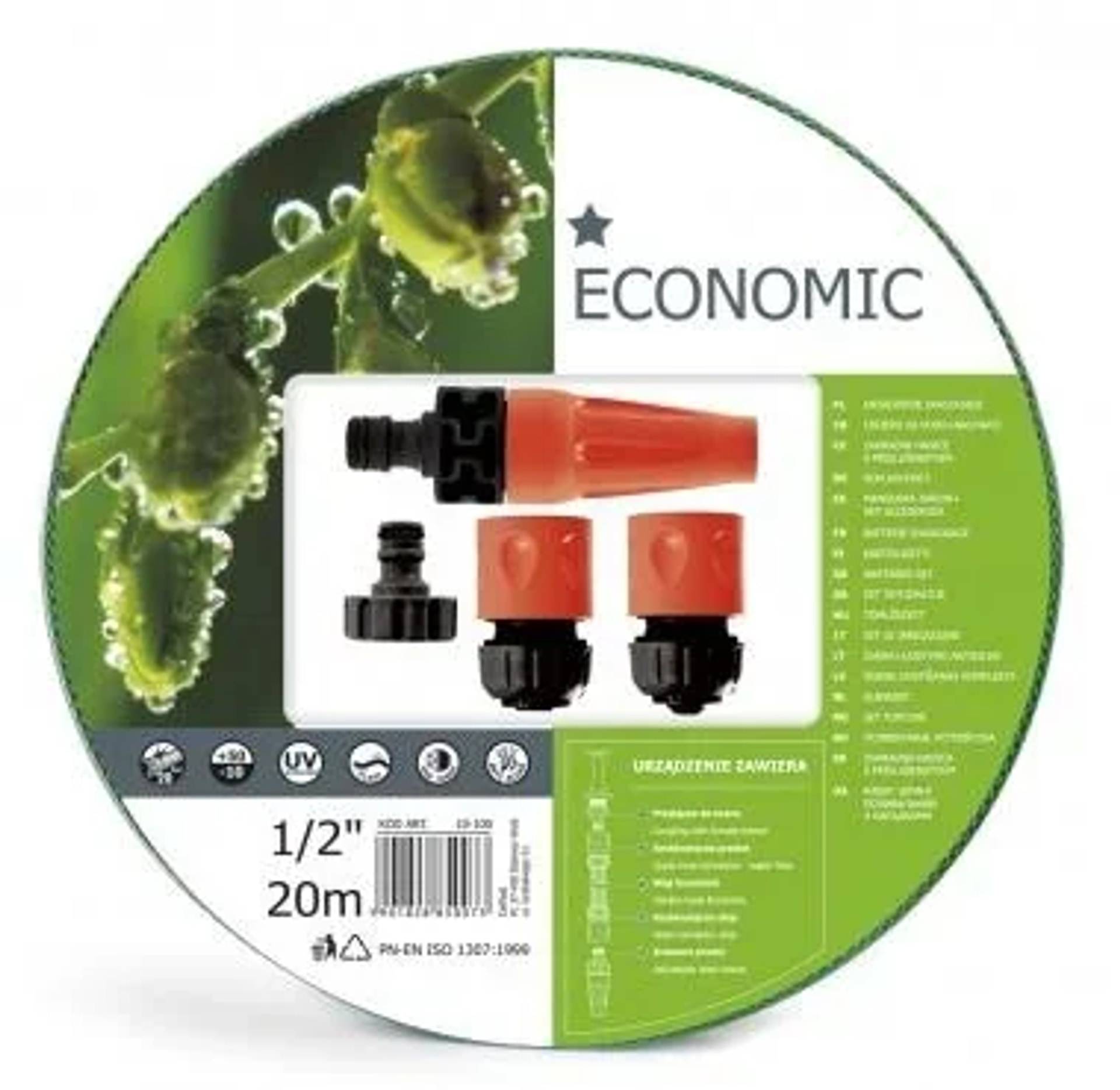 Produktverpackung für „ECONOMIC" Tropfbewässerungsteile, mit Anschlüssen und 20 m Schlauch in 1/2 Zoll auf einem grün-weißen runden Etikett.