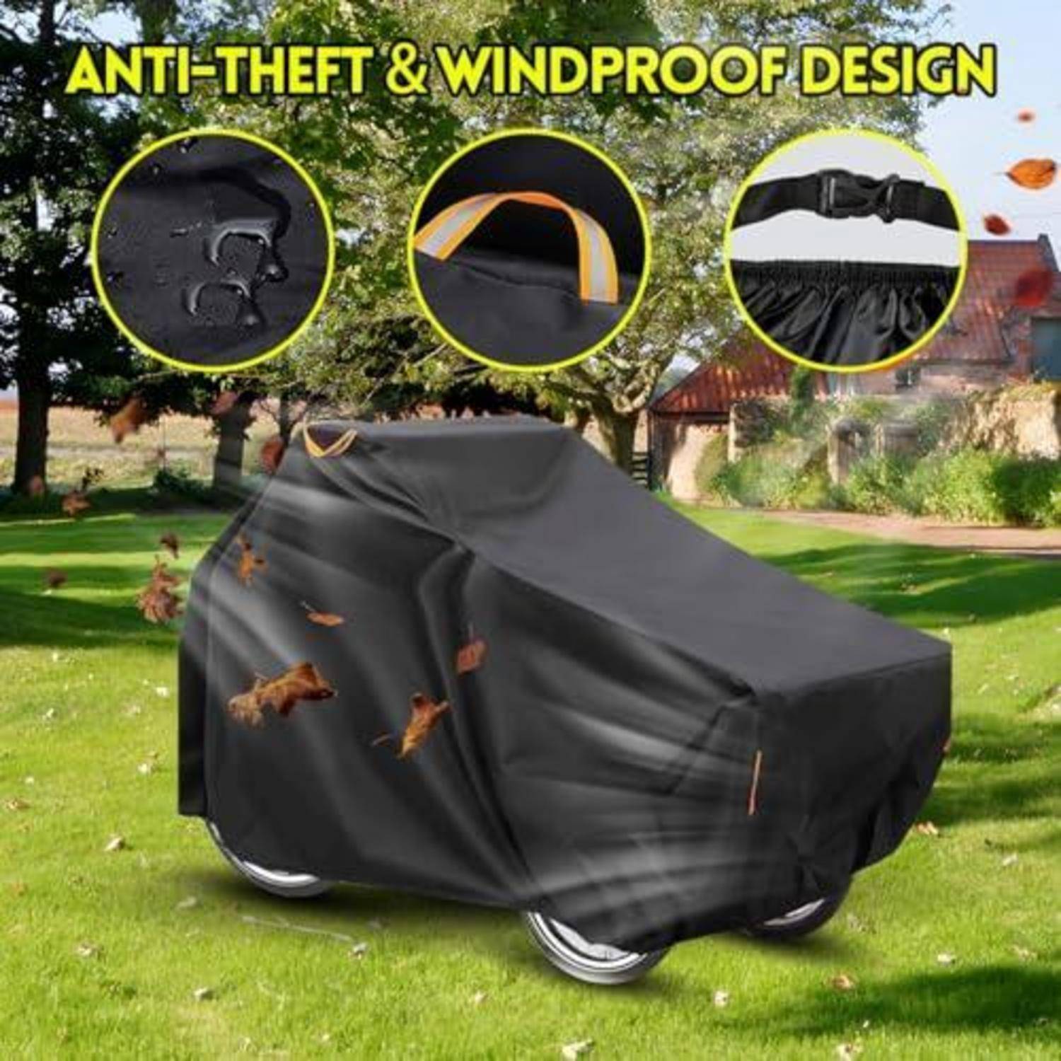 Schwarze Motorradhülle auf einem Motorrad auf einem Hof, mit Ausschnitten, die Diebstahlschutz-Verschlusslöcher, Griffriemen und windsichere Schnalle zeigen; der Text lautet „DIEBSTAHLSCHUTZ- UND WINDSICHERES DESIGN"
