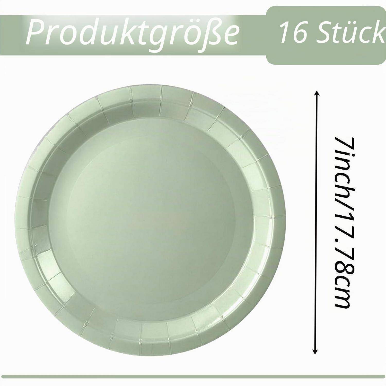 Produktbild einer Packung mit 16 mintgrünen Papptellern, 7 Zoll (17,78 cm) breit.