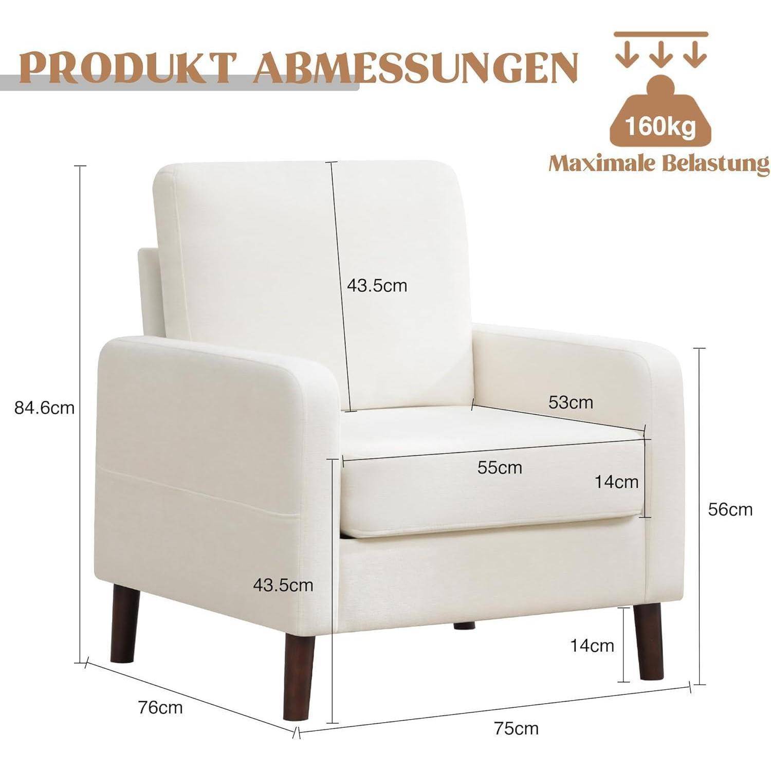 Diagramm eines beigen Sessels mit gekennzeichneten Produktabmessungen, einschließlich 76 cm breit, 75 cm tief, 84,6 cm hoch und maximale Belastung von 160 kg.