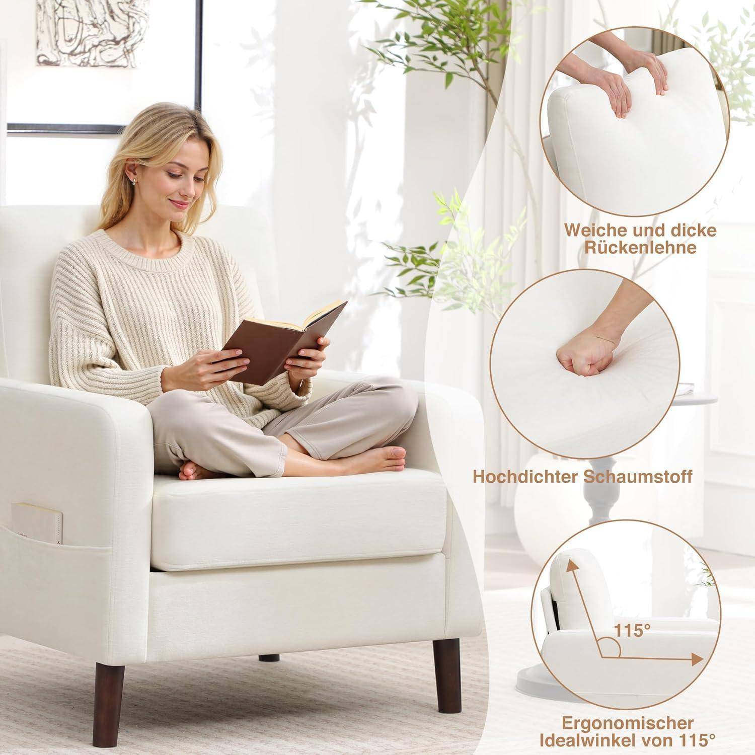 Frau, die im Schneidersitz auf einem weißen Sessel sitzt und ein Buch liest, mit deutschen Beschriftungen, die eine dicke, weiche Rückenlehne, hochdichtem Schaumstoff und einer 115° ergonomischen Neigung hervorheben.