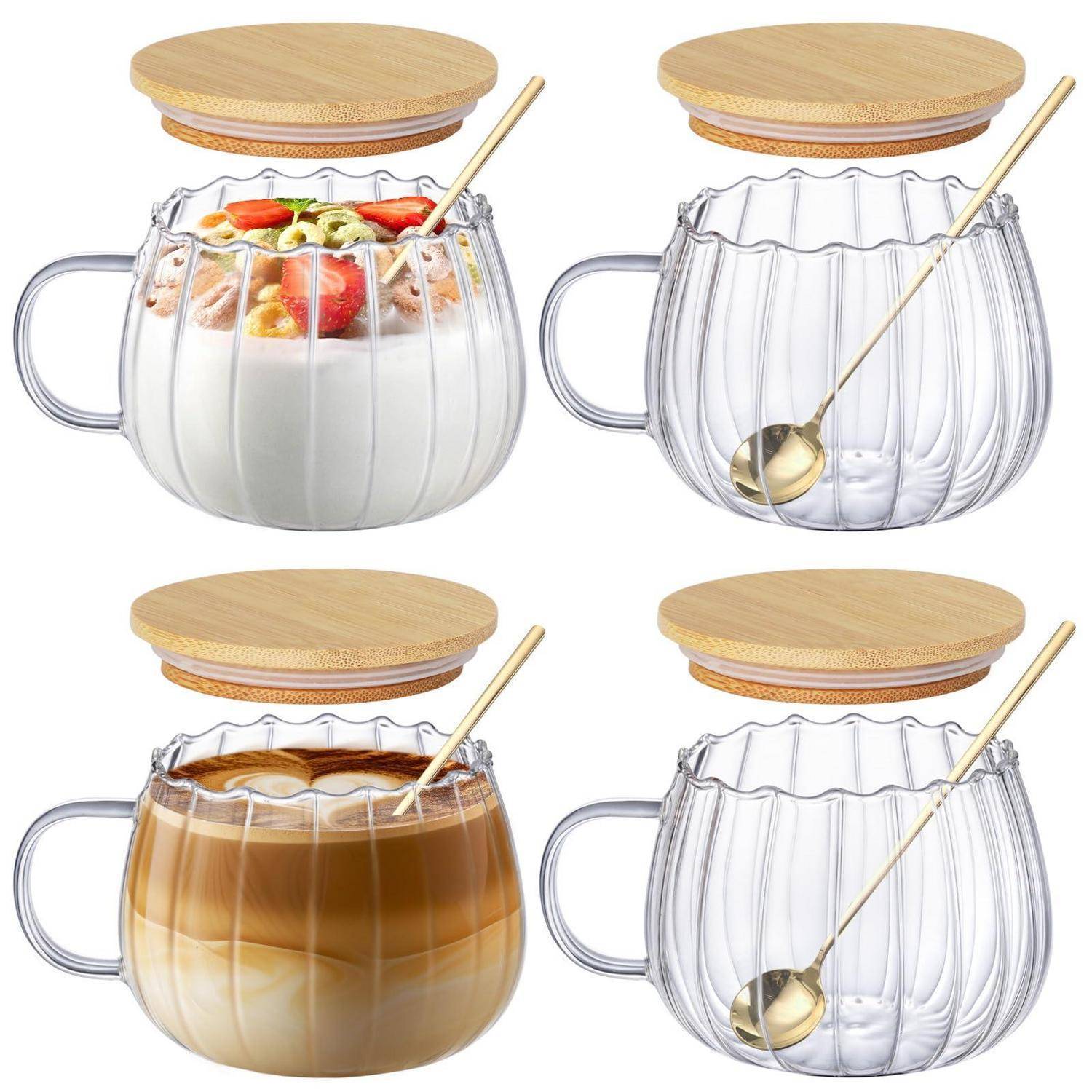 Cappuccinotassen 4er Set 450ml Borosilikatglas hitzebeständig mit Bambusdeckel und Löffel transparent