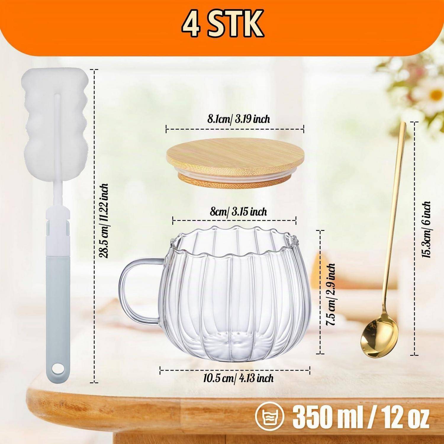 Cappuccinotassen 4er Set 450ml Borosilikatglas hitzebeständig mit Bambusdeckel und Löffel transparent