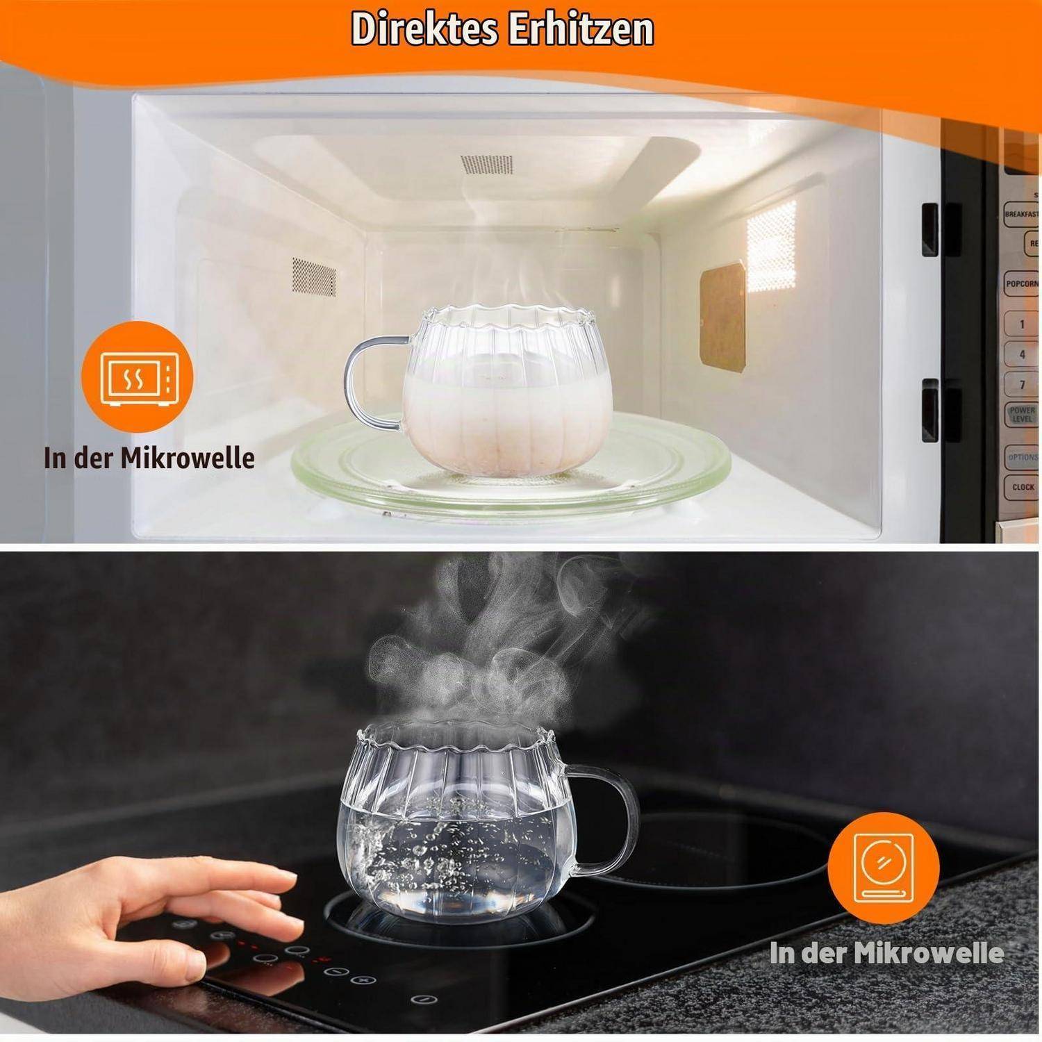 Cappuccinotassen 4er Set 450ml Borosilikatglas hitzebeständig mit Bambusdeckel und Löffel transparent