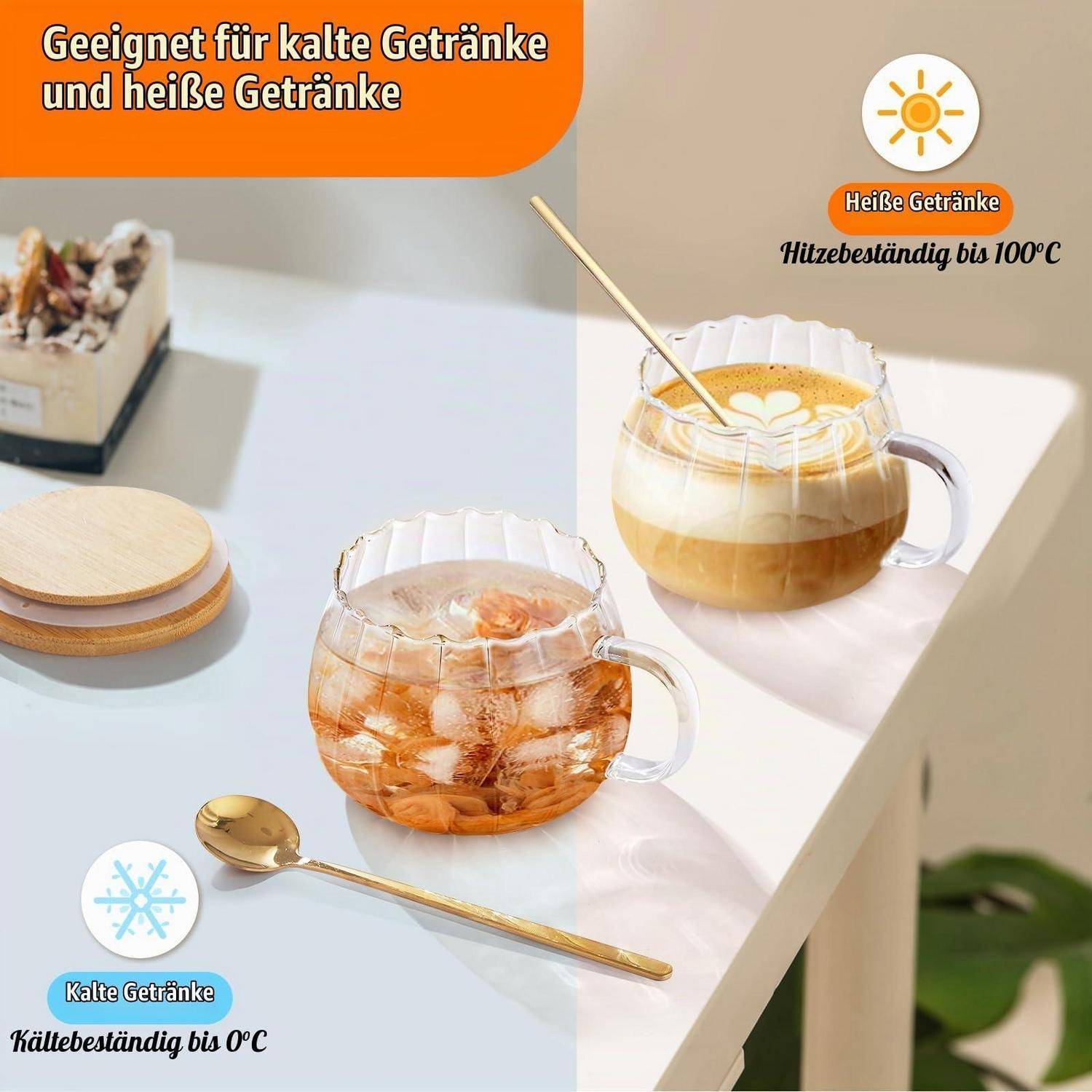 Cappuccinotassen 4er Set 450ml Borosilikatglas hitzebeständig mit Bambusdeckel und Löffel transparent