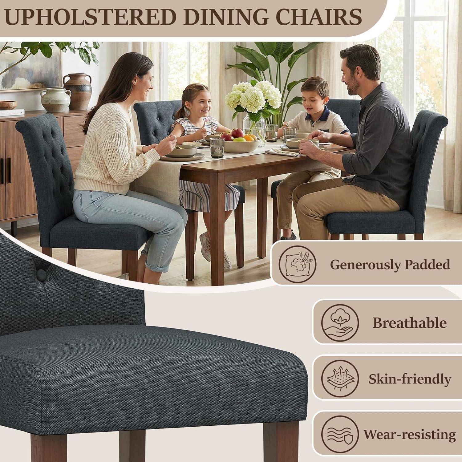 Clevich Esszimmerstühle 6er Set Dunkelgrau Leinen Chesterfield Stil Massivholzbeine