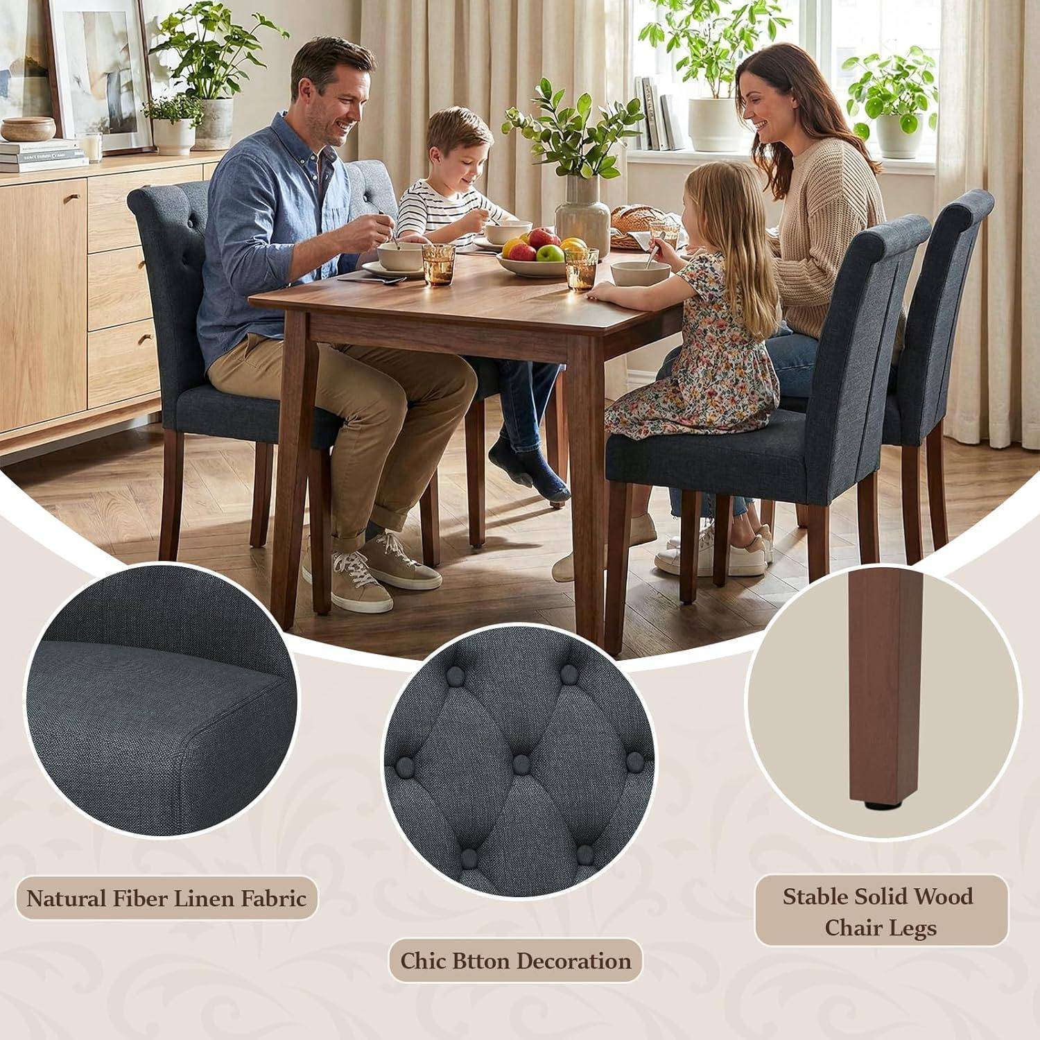 Familie sitzt an einem Esstisch, mit eingefügten Ausschnitten, die grau leinen-bezogene Stühle, gesteppte Knopfdetails und massiven Holzbeinen hervorheben.