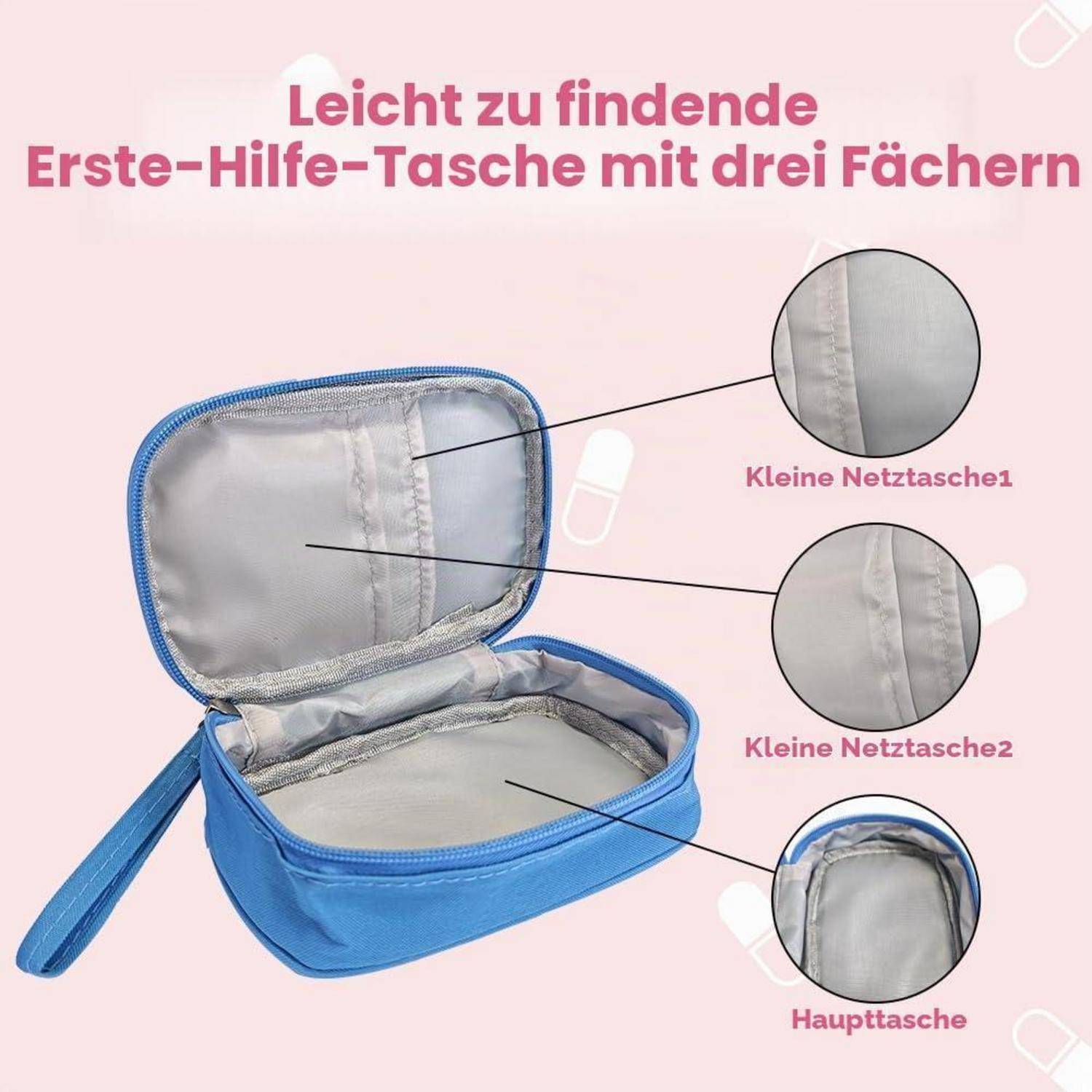 Erste Hilfe Tasche leer blau wasserdicht mit 3 Fächern und 2 Zusatzbeuteln