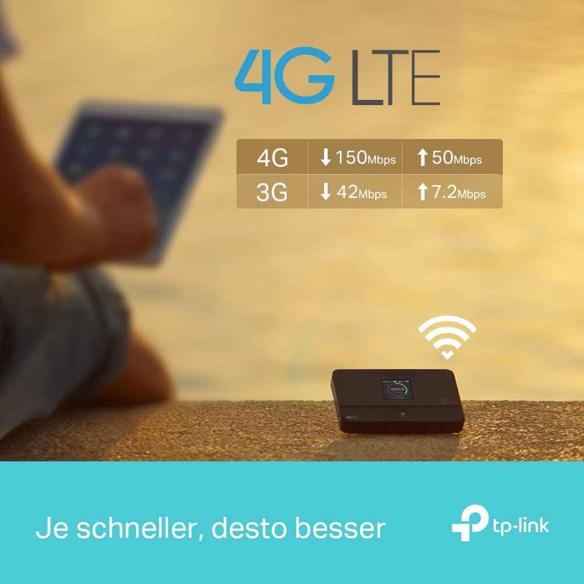 TP-Link 4G LTE mobiler Hotspot-Anzeige mit höheren Geschwindigkeiten: 4G bis zu 150 Mbps Download und 50 Mbps Upload, 3G bis zu 42 Mbps Download und 7,2 Mbps Upload.