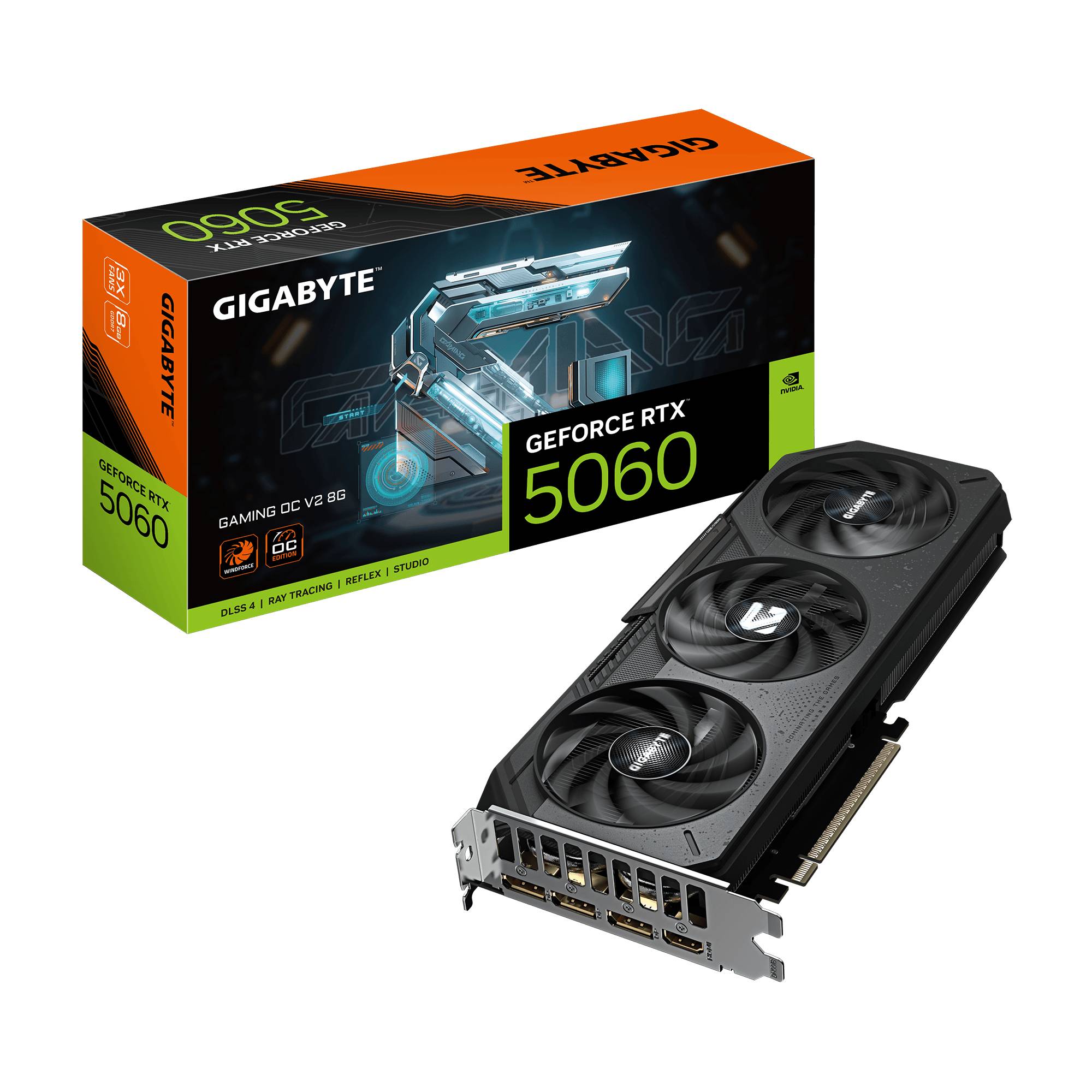 Grafikkarte Gigabyte GeForce RTX 5060 neben ihrer Einzelhandelsverpackung abgebildet.