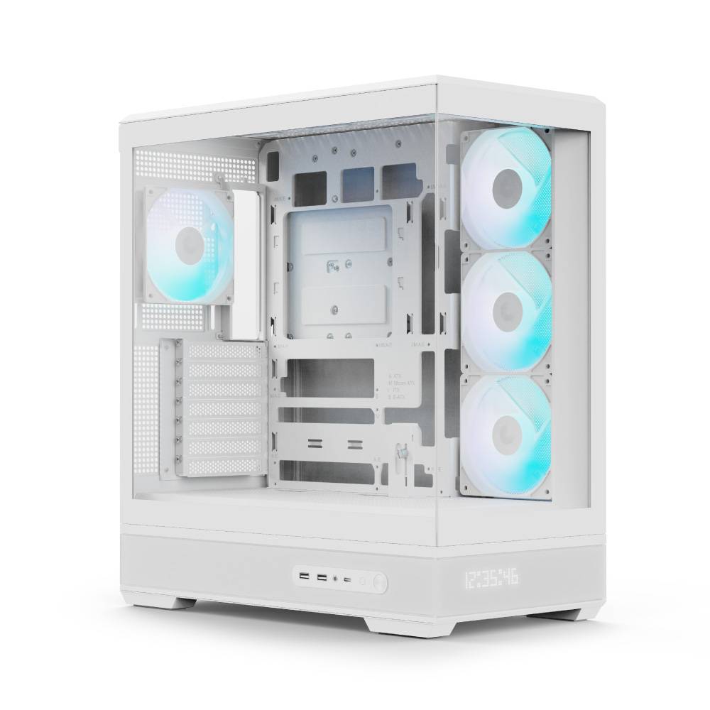 Weißes Desktop-PC-Gehäuse mit transparentem Seitenpanel und vier leuchtenden blauen Kühlungsventilatoren im Inneren.