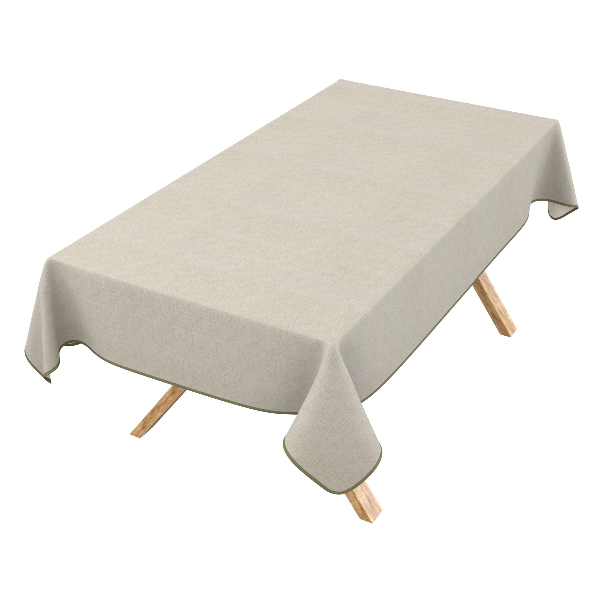 Beigefarbenes Tischtuch über einem rechteckigen Tisch drapiert, wobei der Tisch teilweise darunter sichtbar ist.