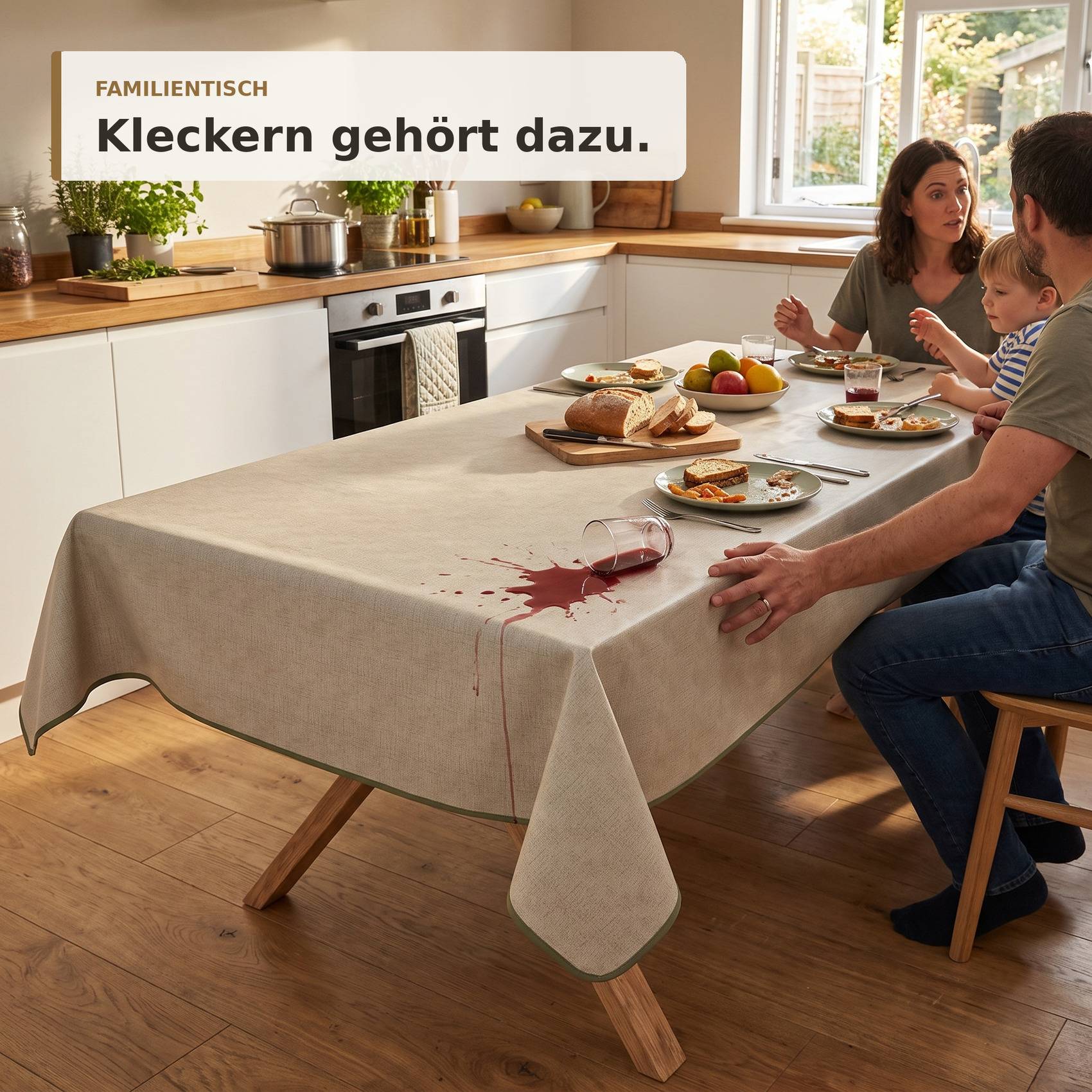 Familientisch mit Fleck auf der Tischdecke; Text lautet „FAMILIENTISCH Kleckern gehört dazu."