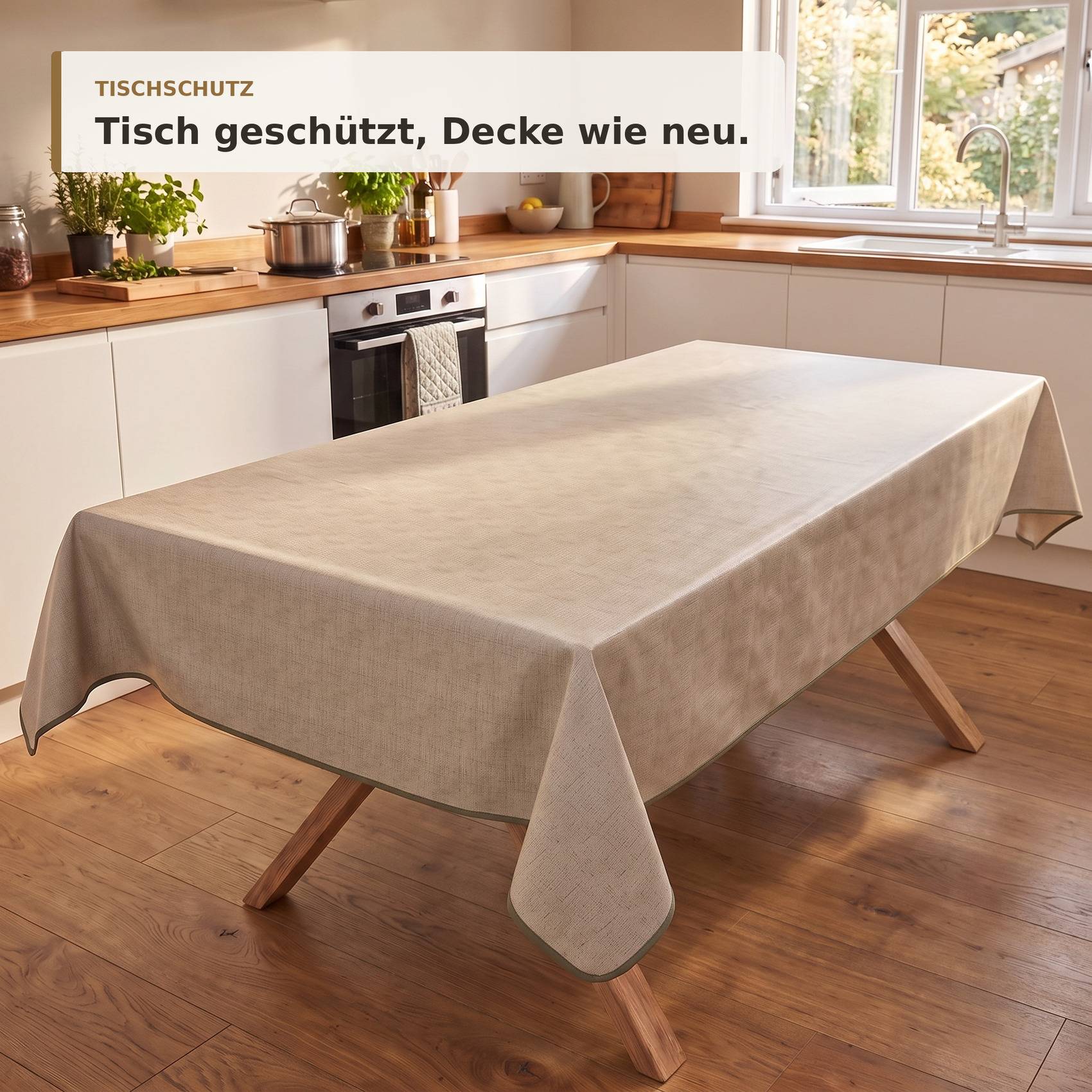 Ein Esstisch in einer hellen Küche ist mit einer Schutzdecke bedeckt; der Text lautet „Tisch geschützt, Decke wie neu."