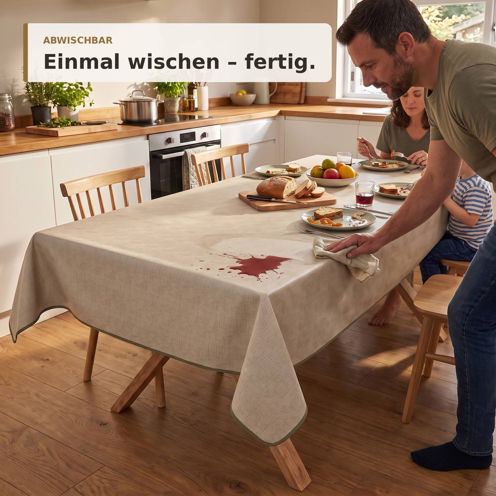 Ein Mann wischt eine Tischdecke neben einem Familienessen sauber; der Text sagt „ABWISCHBAR" und „Einmal wischen - fertig."" und weist auf abwischbares Tuch hin.