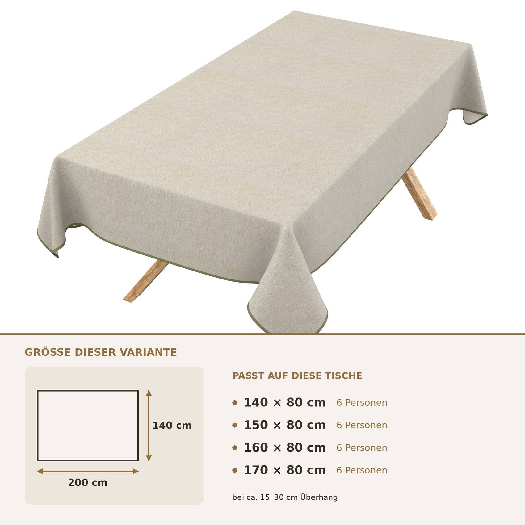 Beige rechteckige Tischdecke auf einem Tisch, mit deutscher Größentabelle, die die Variante 200 x 140 cm zeigt und zu Tischen 140 x 80, 150 x 80, 160 x 80, 170 x 80 cm für 6 Personen passt.