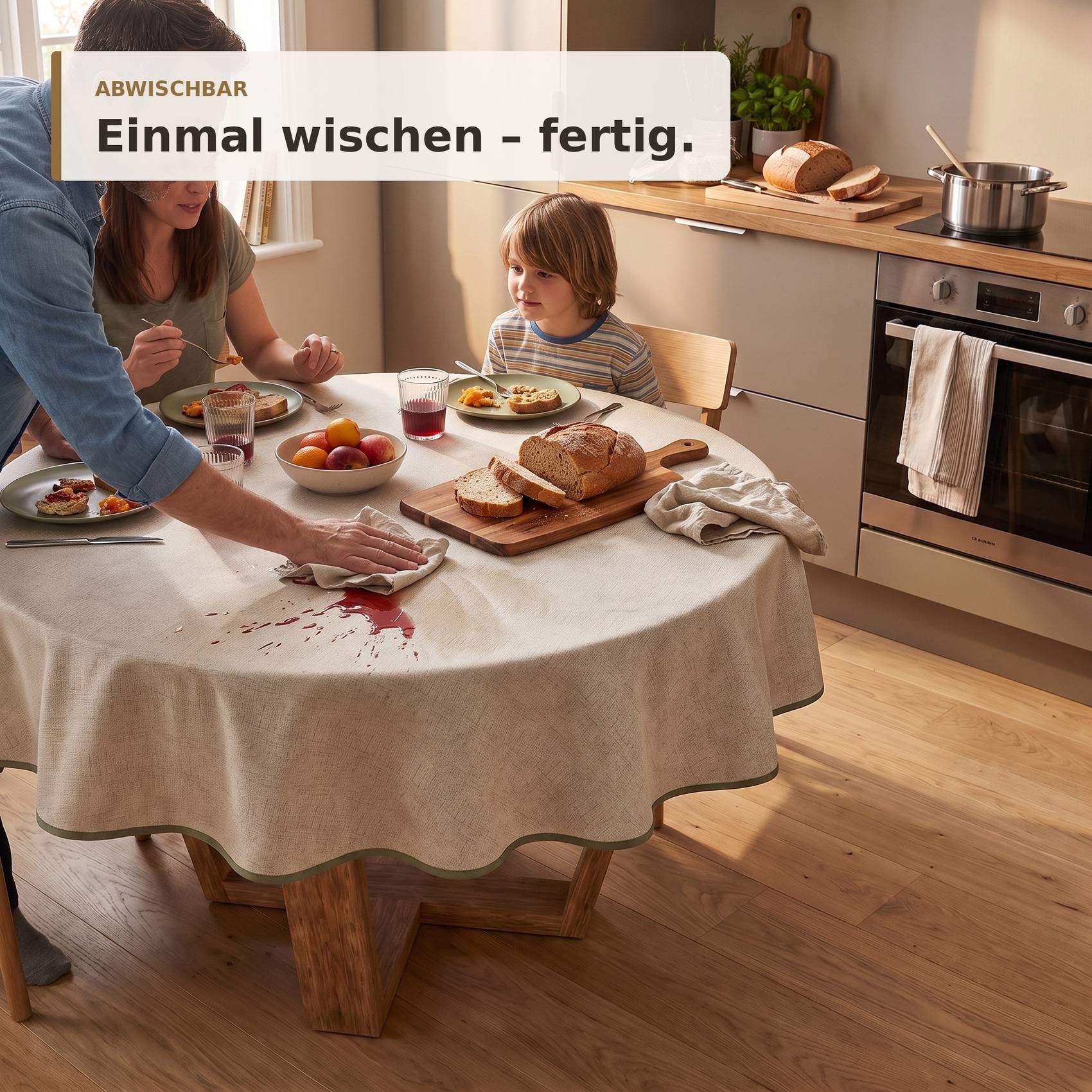 Familie isst an einem Küchentisch, während ein Verschütten von einer Stofftischdecke abgewischt wird; Text sagt „ABWISCHBAR" und „Einmal wischen - fertig."