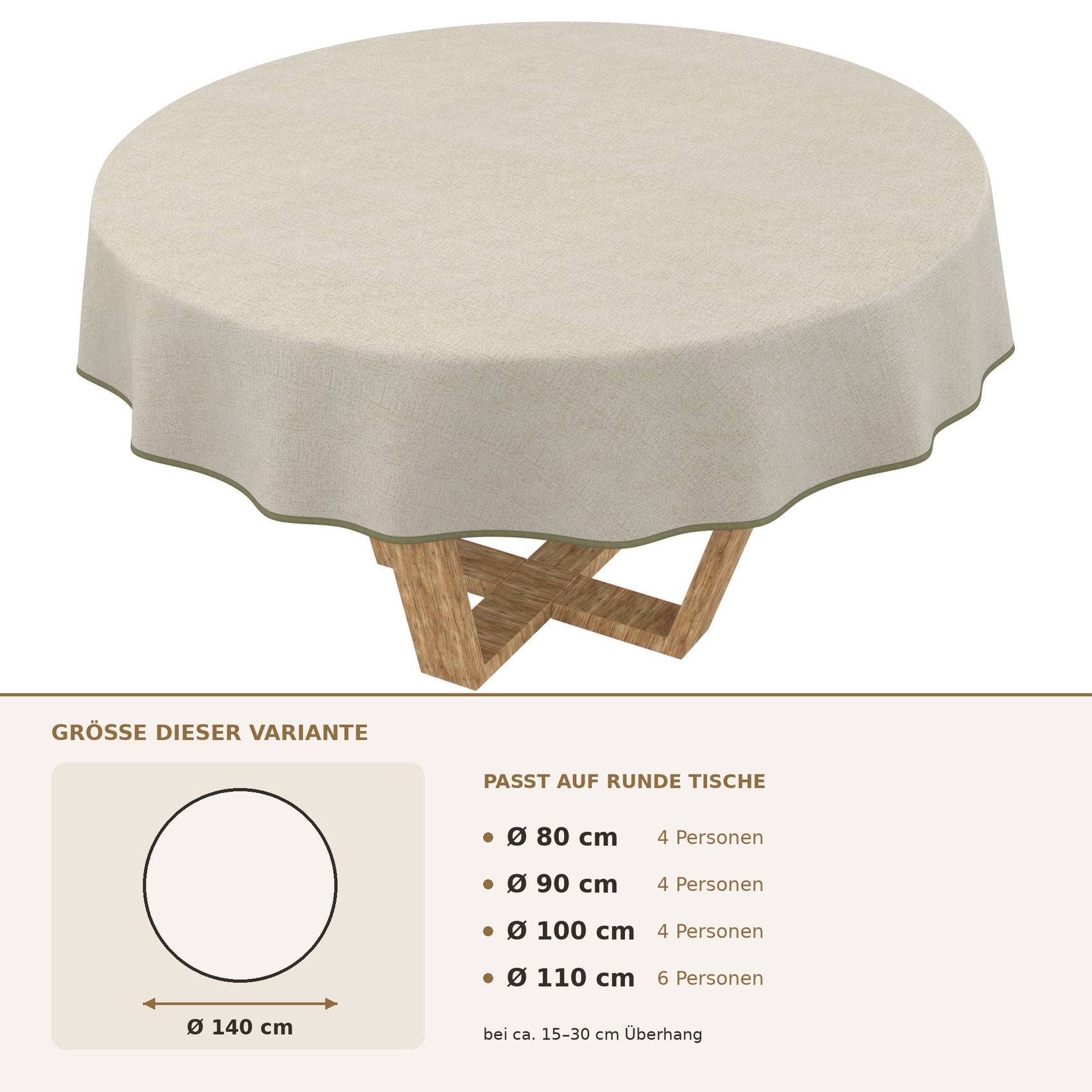 Runde beige Tischdecke auf einem runden Tisch, mit Größenleitfaden, der zeigt, dass sie zu runden Tischen von 80-110 cm Breite passt und 4-6 Personen Platz bietet.