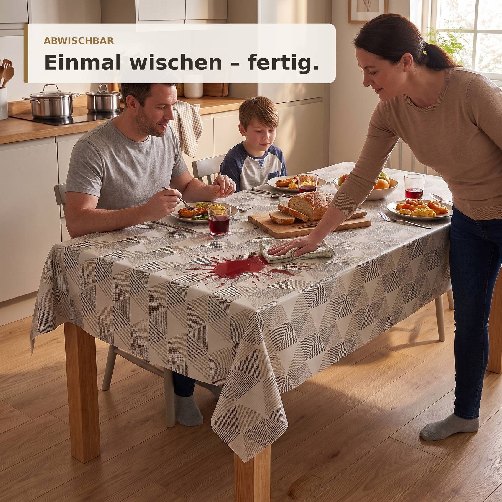 Frau wischt schnell eine rote Flüssigkeit von einem Esstisch ab, während ein Mann und ein Kind am Essen sitzen; der Text besagt „ABWISCHBAR" und „Einmal wischen - fertig."