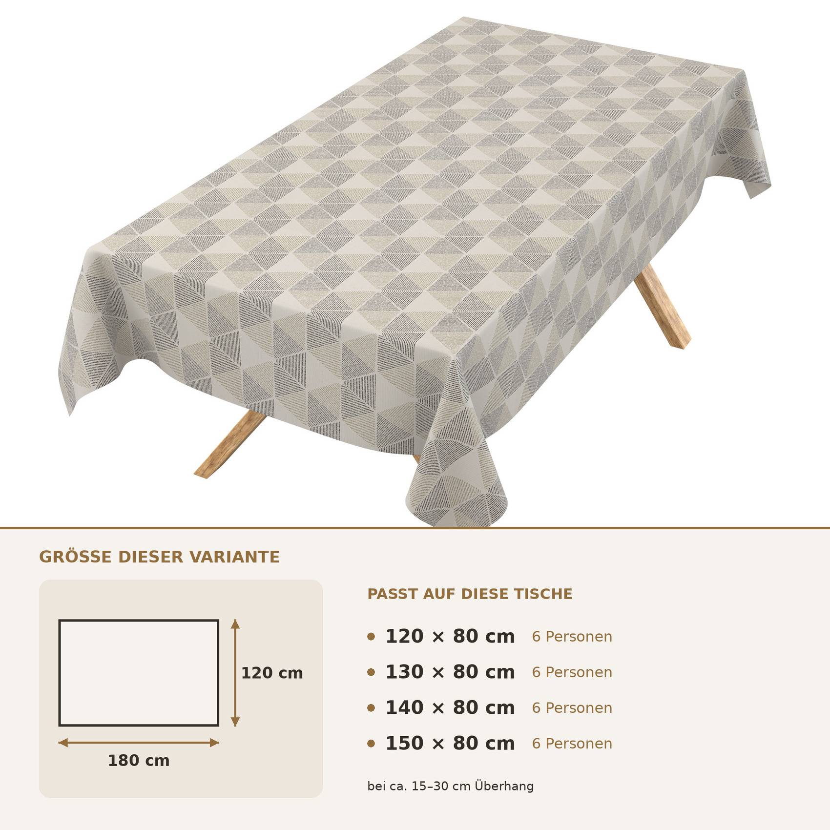 Beige gemustertes Tischtuch auf einem rechteckigen Tisch; Größenleitfaden zeigt 180 x 120 cm und passt zu Tischen 120 x 80 bis 150 x 80 cm für 6 Personen.