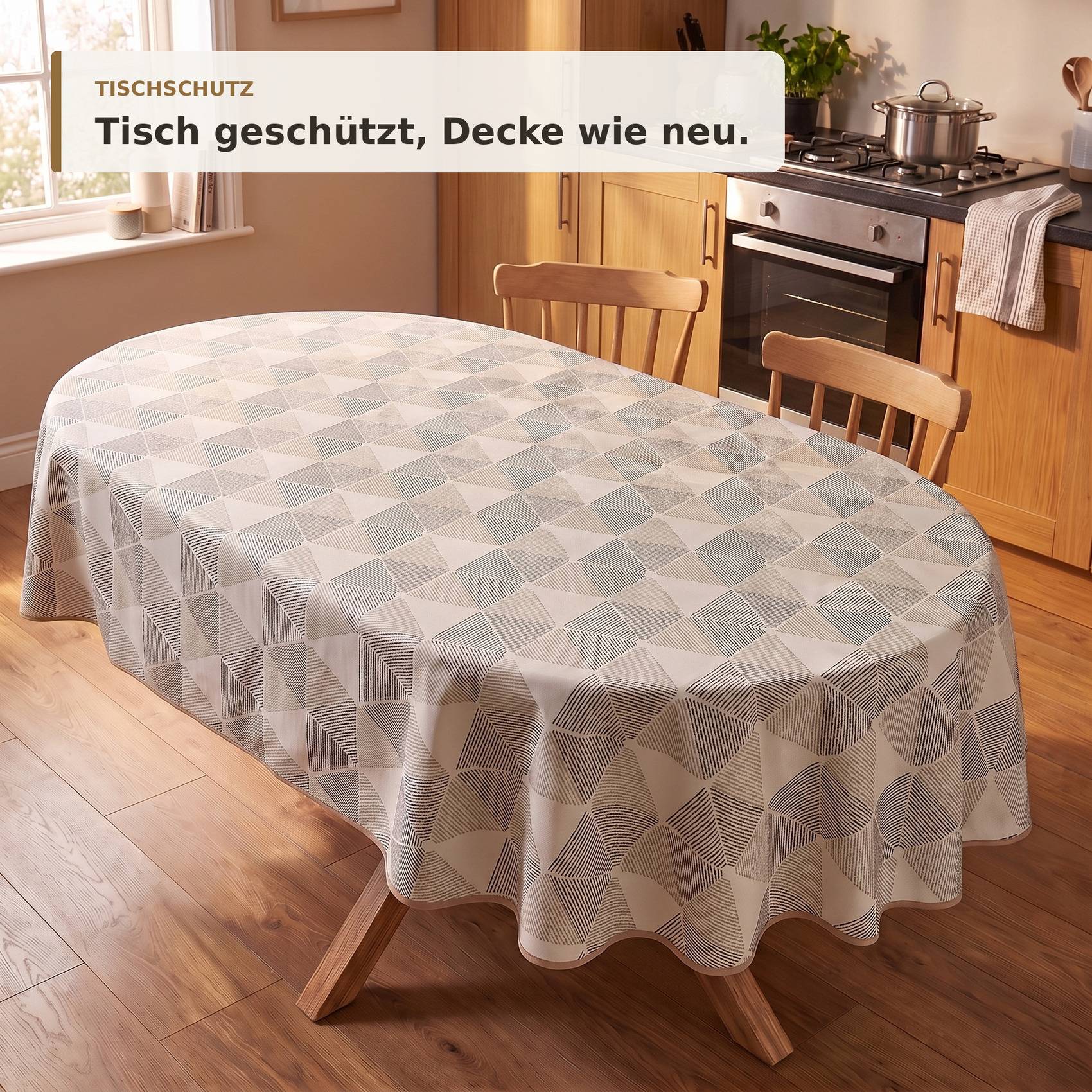 ANRO Wachstuchtischdecke Sula Dreiecksmuster oval 200 x 140 cm mit Saum